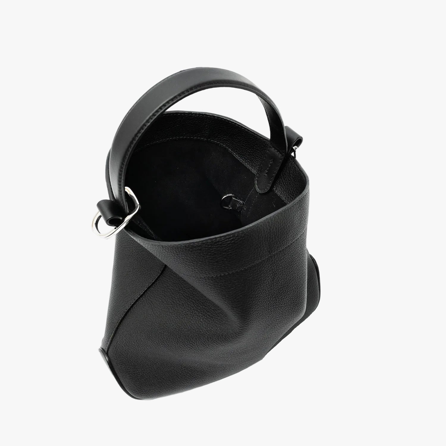 STOW London's Midi Curve in Black pebbled leather with magnets open showing suede interior and d-ring featuring silver stainless steel hardware on a light grey background