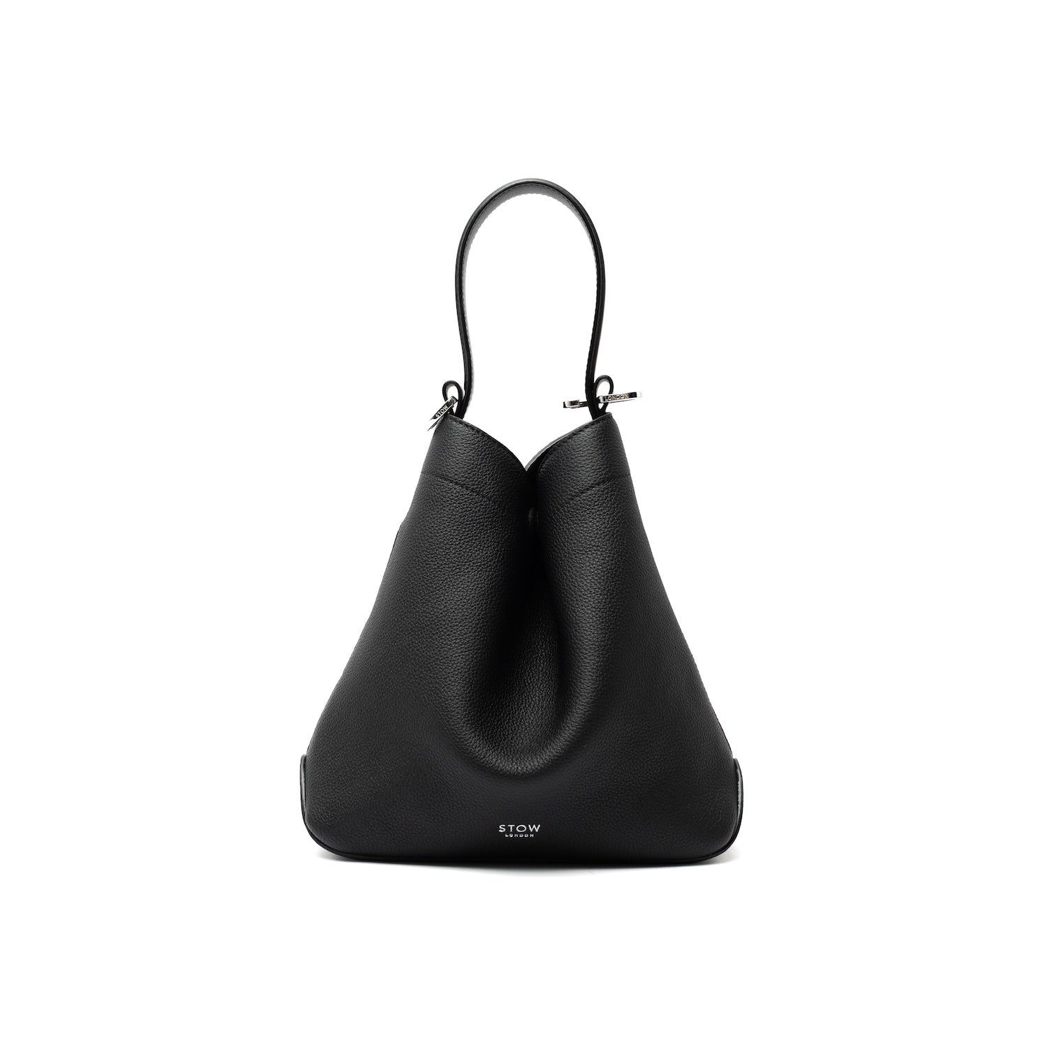 STOW London's Midi Curve bag in Black pebbled and smooth leather in the soft triangular style featuring silver stainless steel hardware on a white background