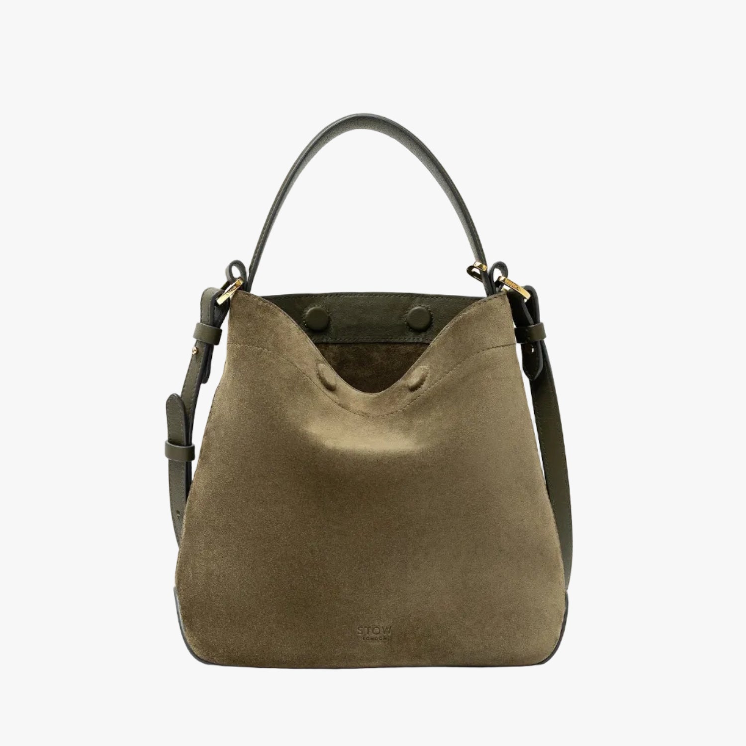 STOW London's Midi Curve in Dark Green suede leather and detachable crossbody strap featuring gold-coated stainless steel hardware on a light grey background