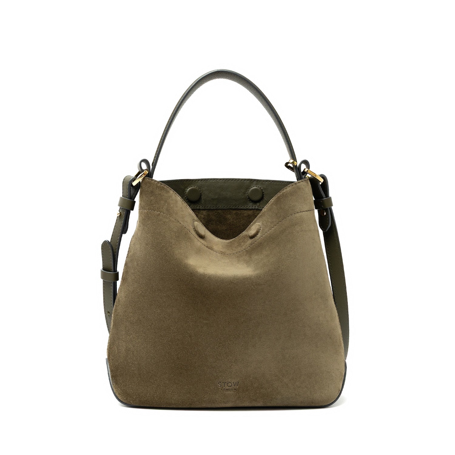 STOW London's Midi Curve bag in Dark Green Suede leather featuring gold-coated stainless steel hardware on a white background