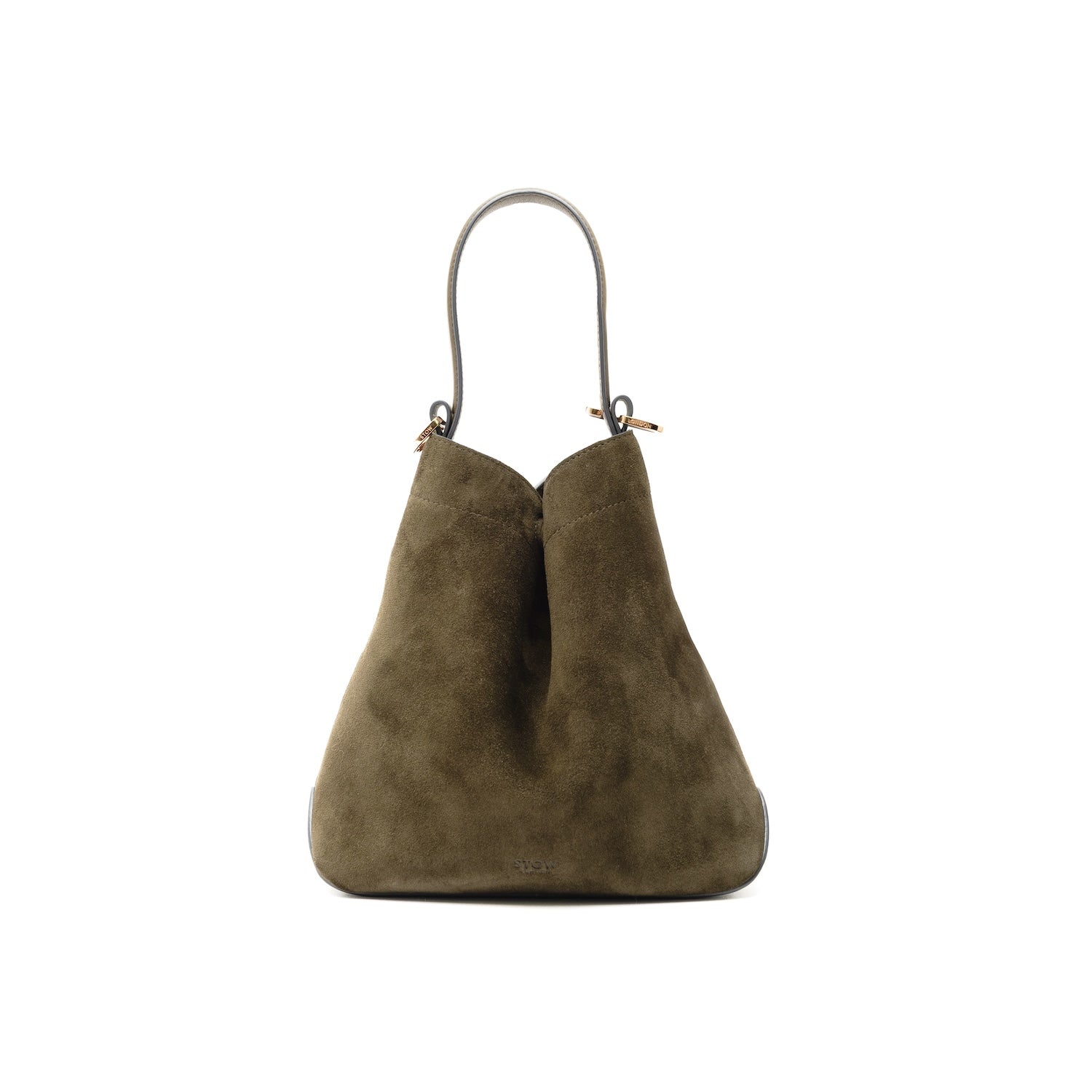 STOW London's Midi Curve bag in Dark Green Suede leather styled in a triangular shape featuring gold-coated stainless steel hardware on a white background