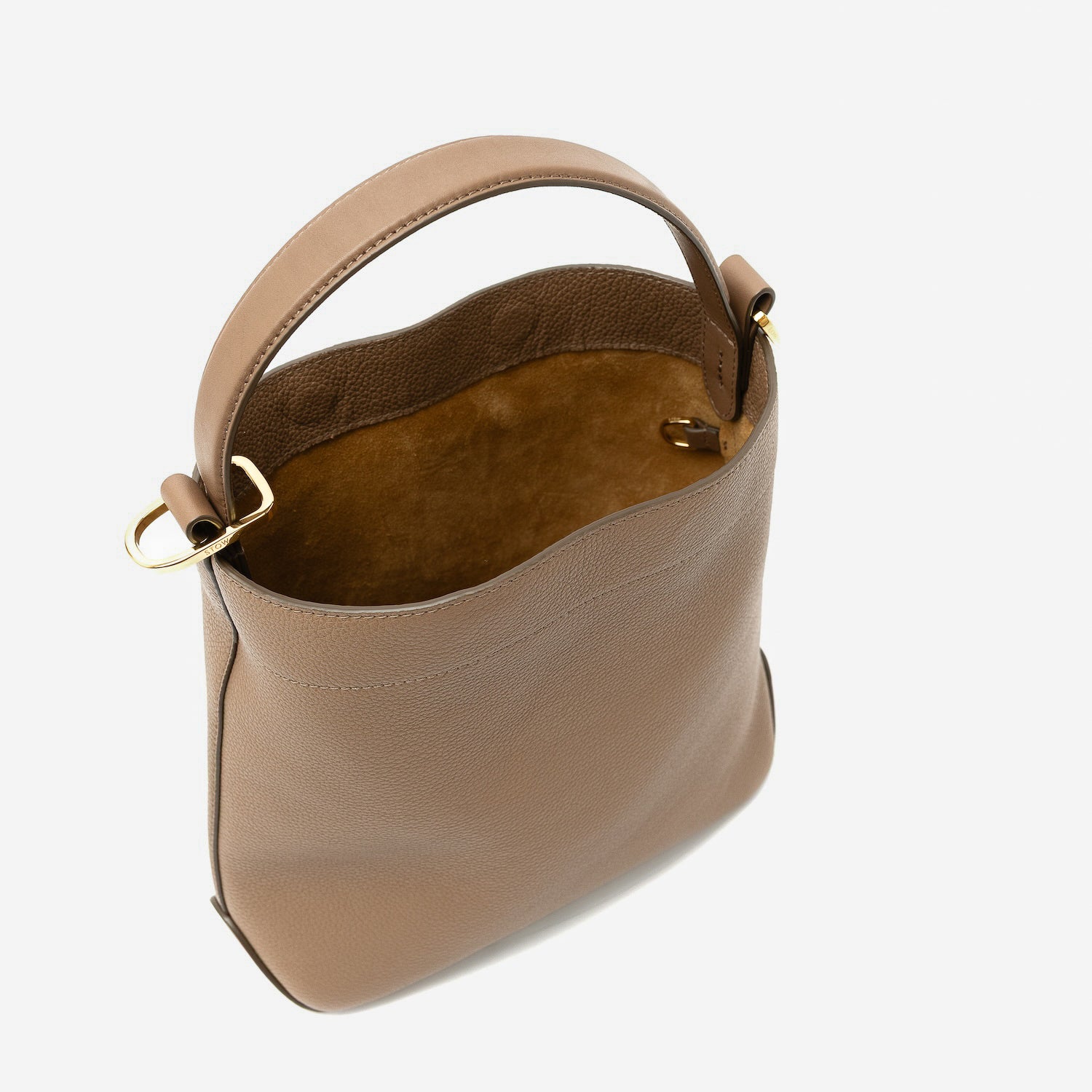 STOW London's Midi Curve in Mocha pebbled leather with magnets open showing the suede interior and d-ring featuring gold-coated stainless steel hardware on a light grey background