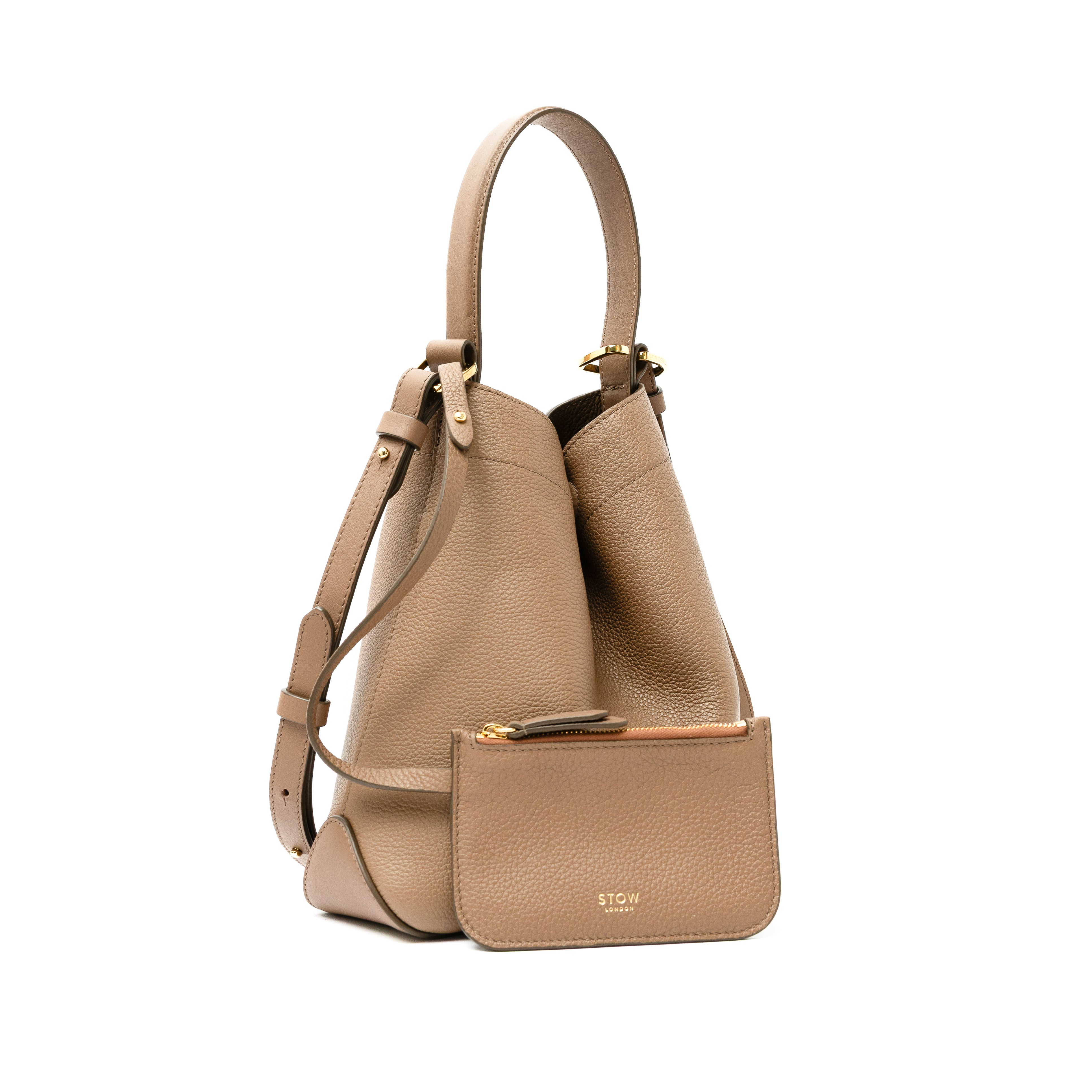 STOW London's Midi Curve bag and its matching detachable pouch in Mocha pebbled and smooth leather featuring gold-coated stainless steel hardware on a white background
