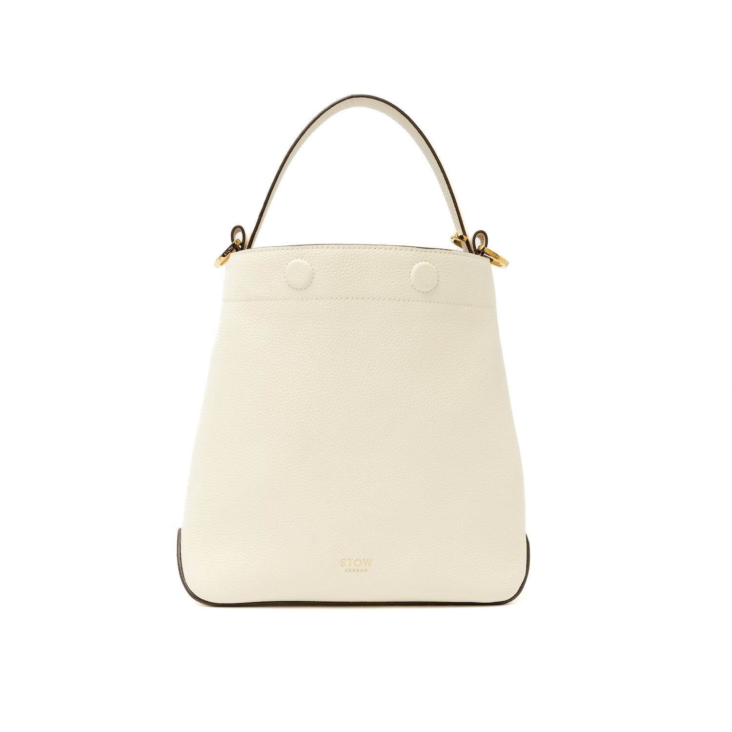 STOW London's Midi Curve bag in Spring Moon pebbled and smooth leather shaped as bucket bag featuring gold-coated stainless steel hardware on a white background