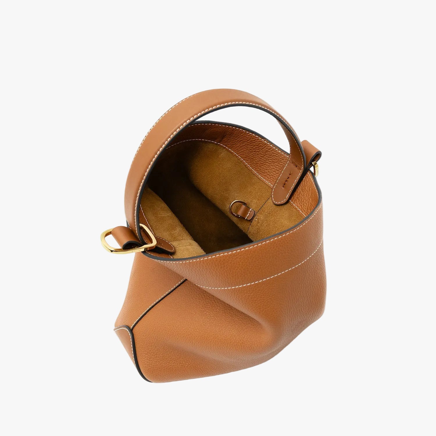 STOW London's Midi Curve in Earth Tan pebbled leather with magnets open showing suede interior and d-ring featuring gold-coated stainless steel hardware on a light grey background