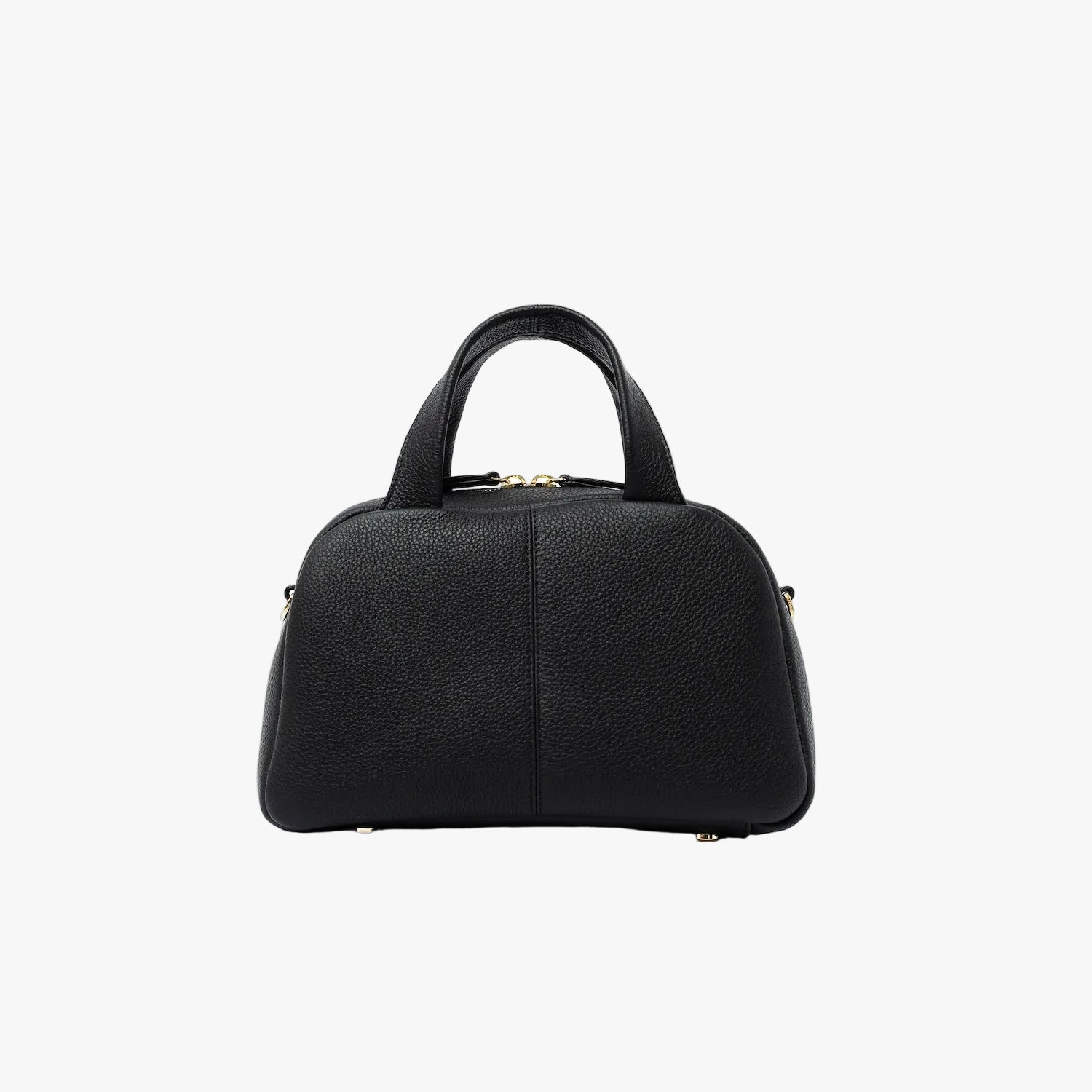 Back panel of STOW London's Mini Bowling bag in Black pebbled leather featuring gold-coated stainless steel hardware and four feet on the base on a light grey background