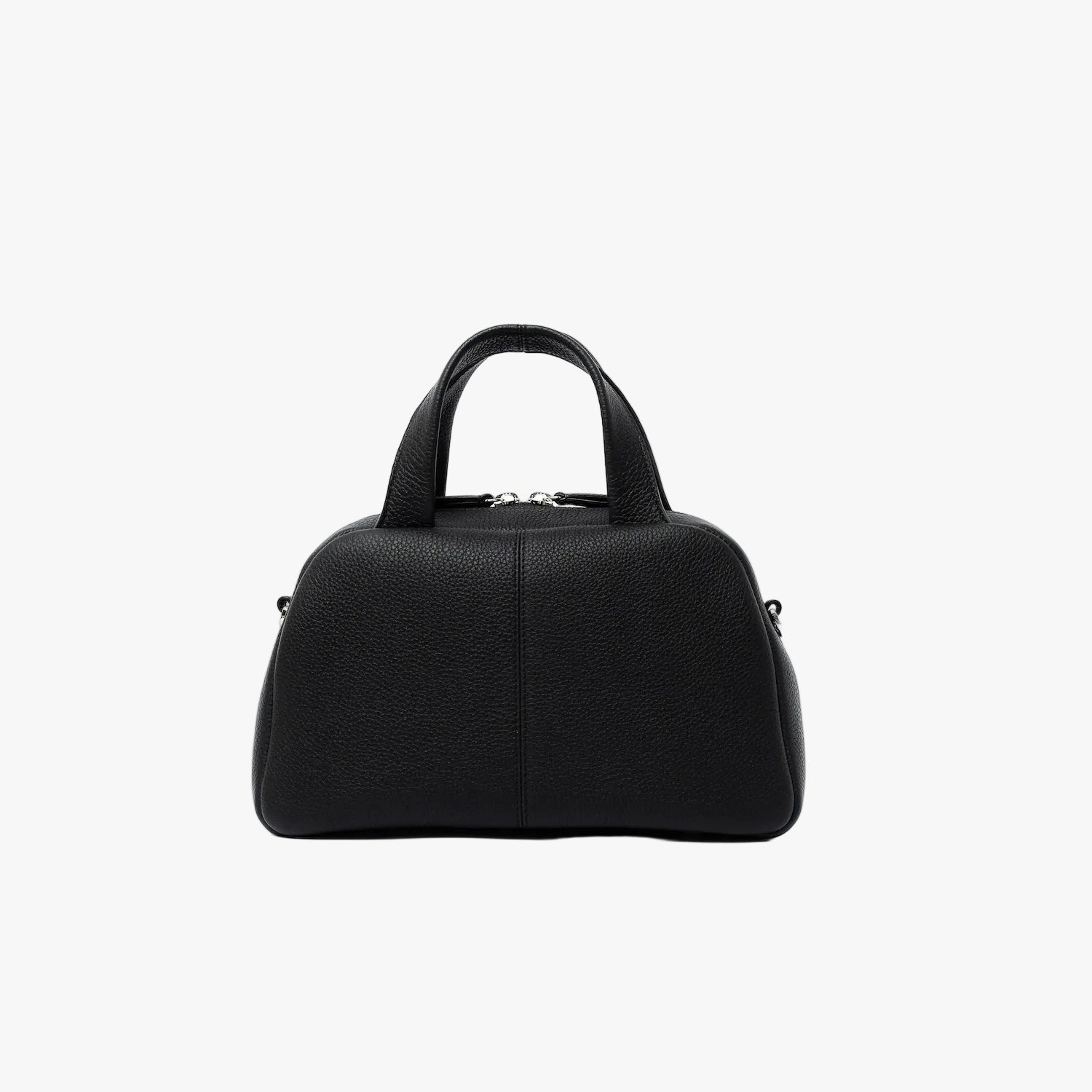 Back panel of STOW London's Mini Bowling bag in Black pebbled leather featuring silver stainless steel hardware and four feet on the base on a light grey background