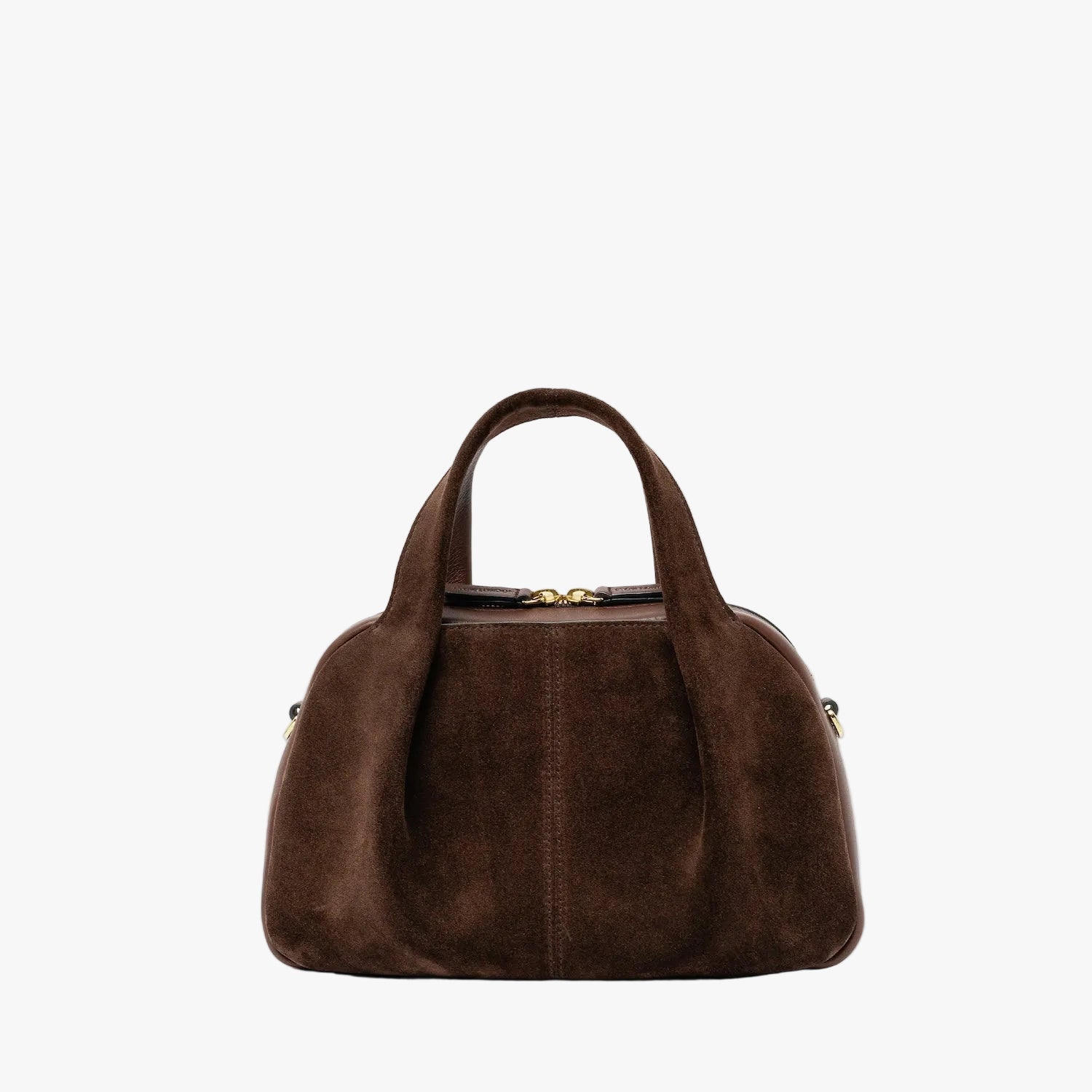 STOW London's Mini Bowling bag in Chocolate suede and smooth leather featuring a pleated front panel and gold-coated stainless steel hardware on a light grey background