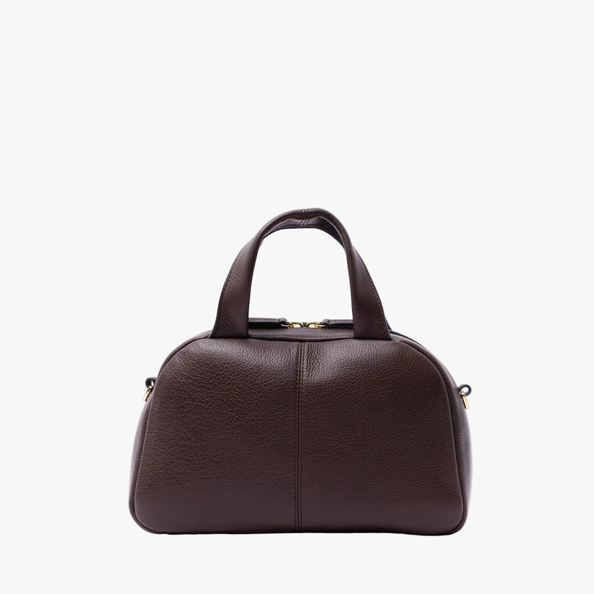 Back panel of STOW London's Mini Bowling in Espresso pebbled leather on a light grey background