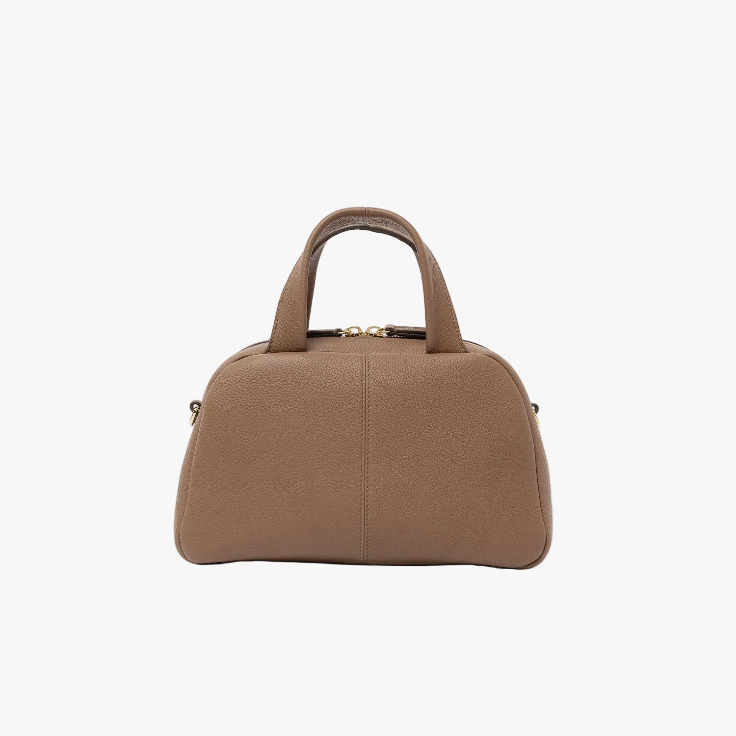 Back panel of STOW London's Mini Bowling bag in Mocha pebbled leather featuring gold-coated stainless steel hardware and four feet on the base on a light grey background
