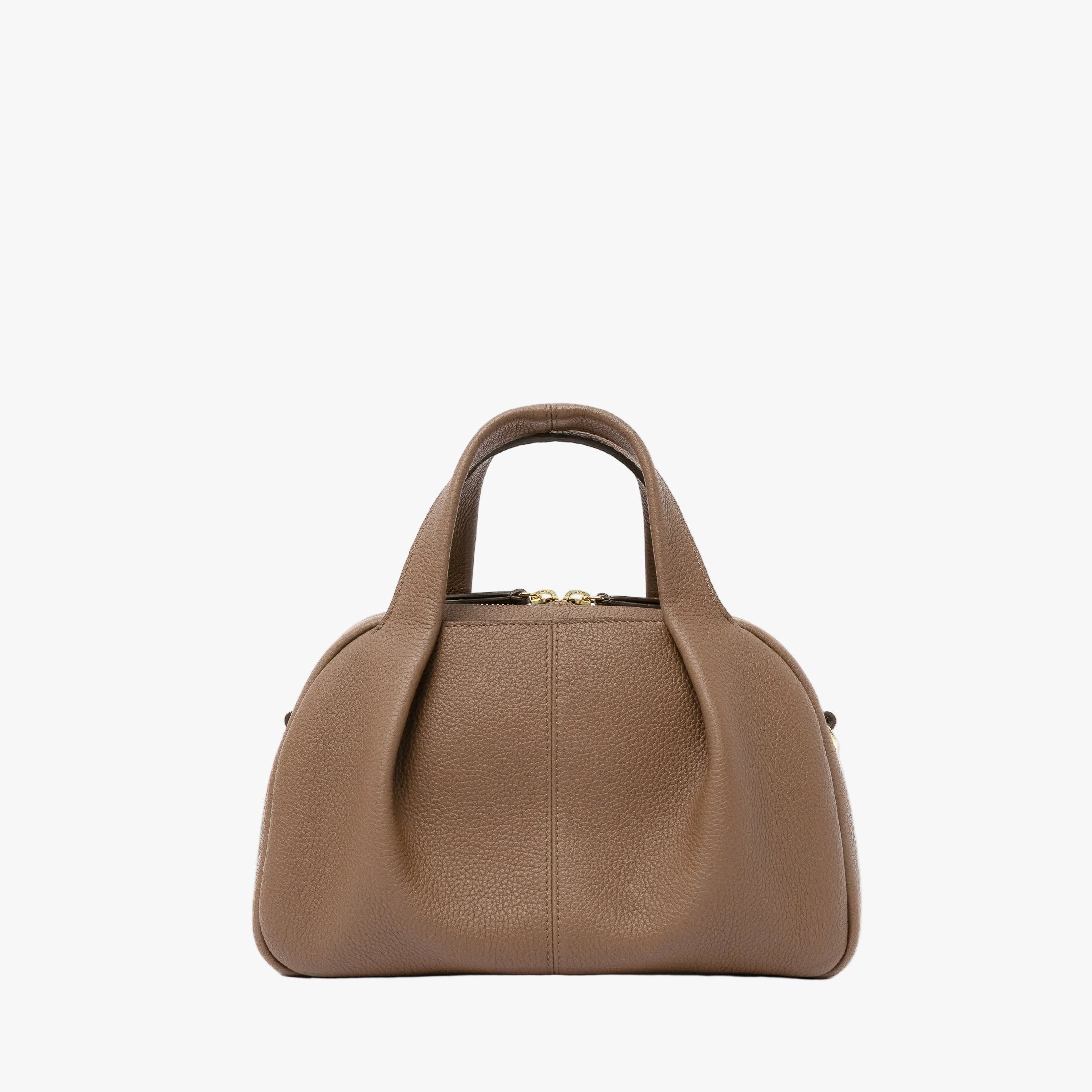 STOW London's Mini Bowling in Mocha pebbled leather featuring a pleated front panel and gold-coated stainless steel hardware on a light grey background