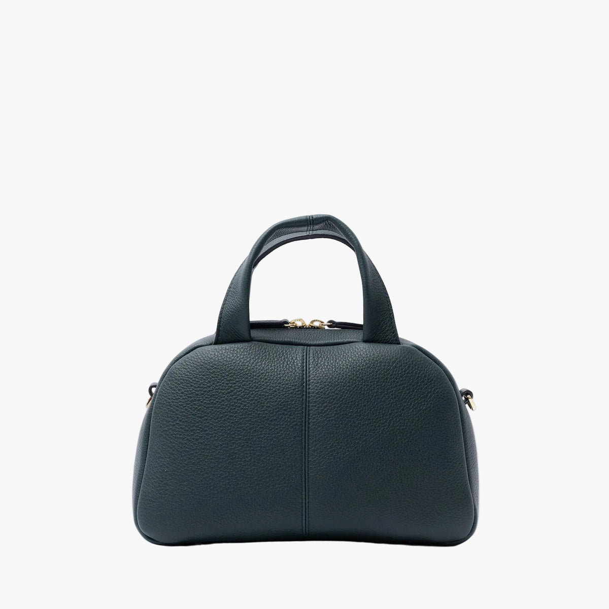 Back panel of STOW London's Mini Bowling in New Forest pebbled leather on a light grey background featuring gold-coated stainless steel hardware