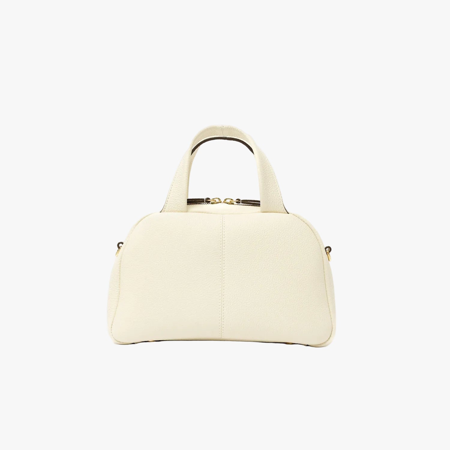 Back panel of STOW London's Mini Bowling bag in Spring Moon pebbled leather featuring gold-coated stainless steel hardware on a light grey background