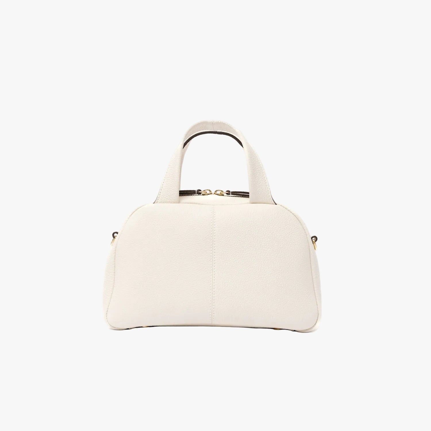 Back panel of STOW London's Mini Bowling bag in Spring Moon pebbled leather featuring gold-coated stainless steel hardware on a light grey background