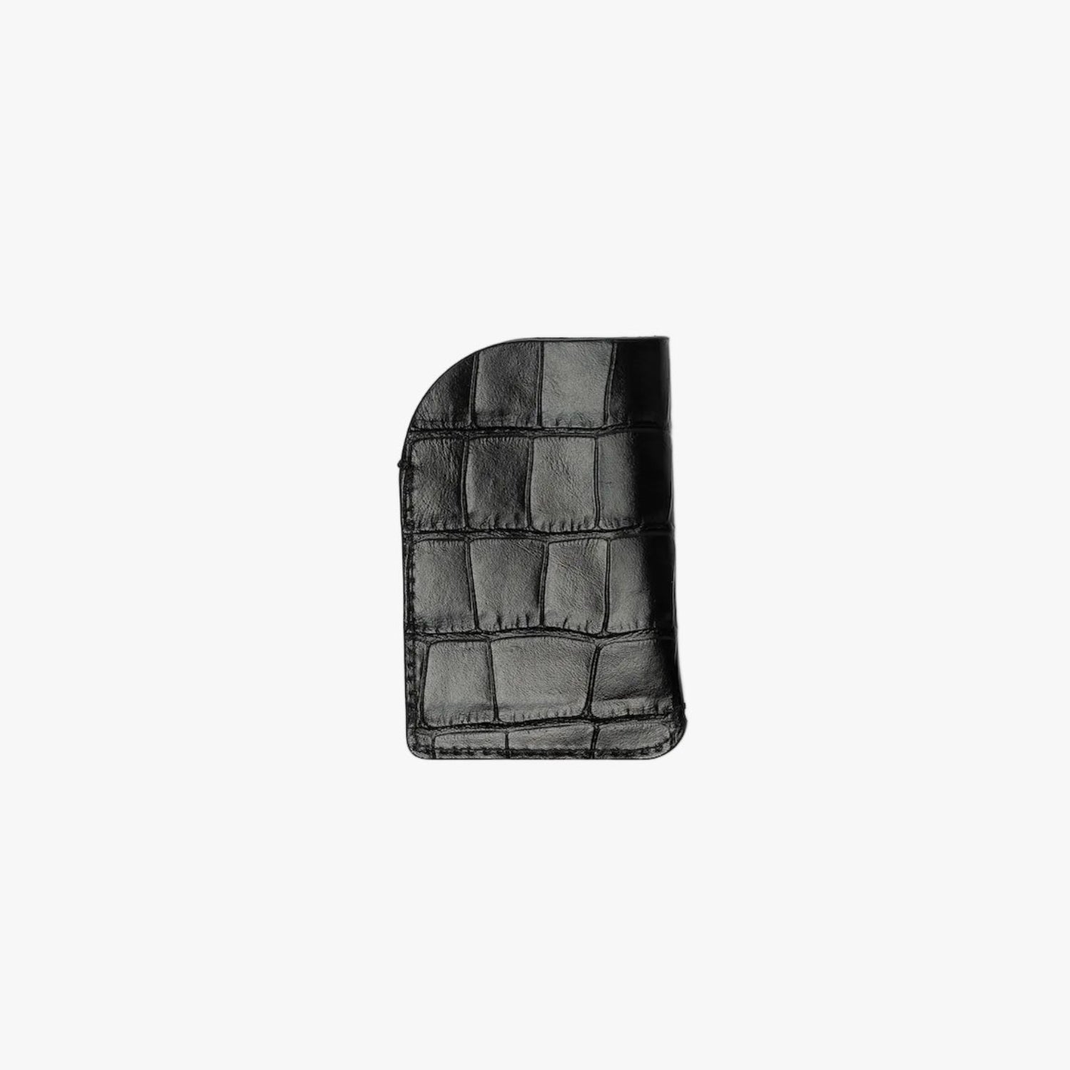 Back panel of STOW London's Mini Cardholder in Black Embossed Croc leather on a light grey background