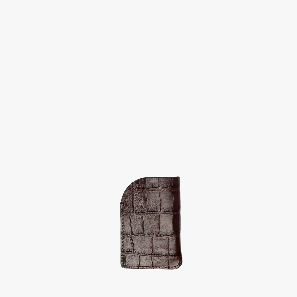 Back panel of STOW London's Mini Cardholder in Burgundy Embossed Croc leather on a light grey background
