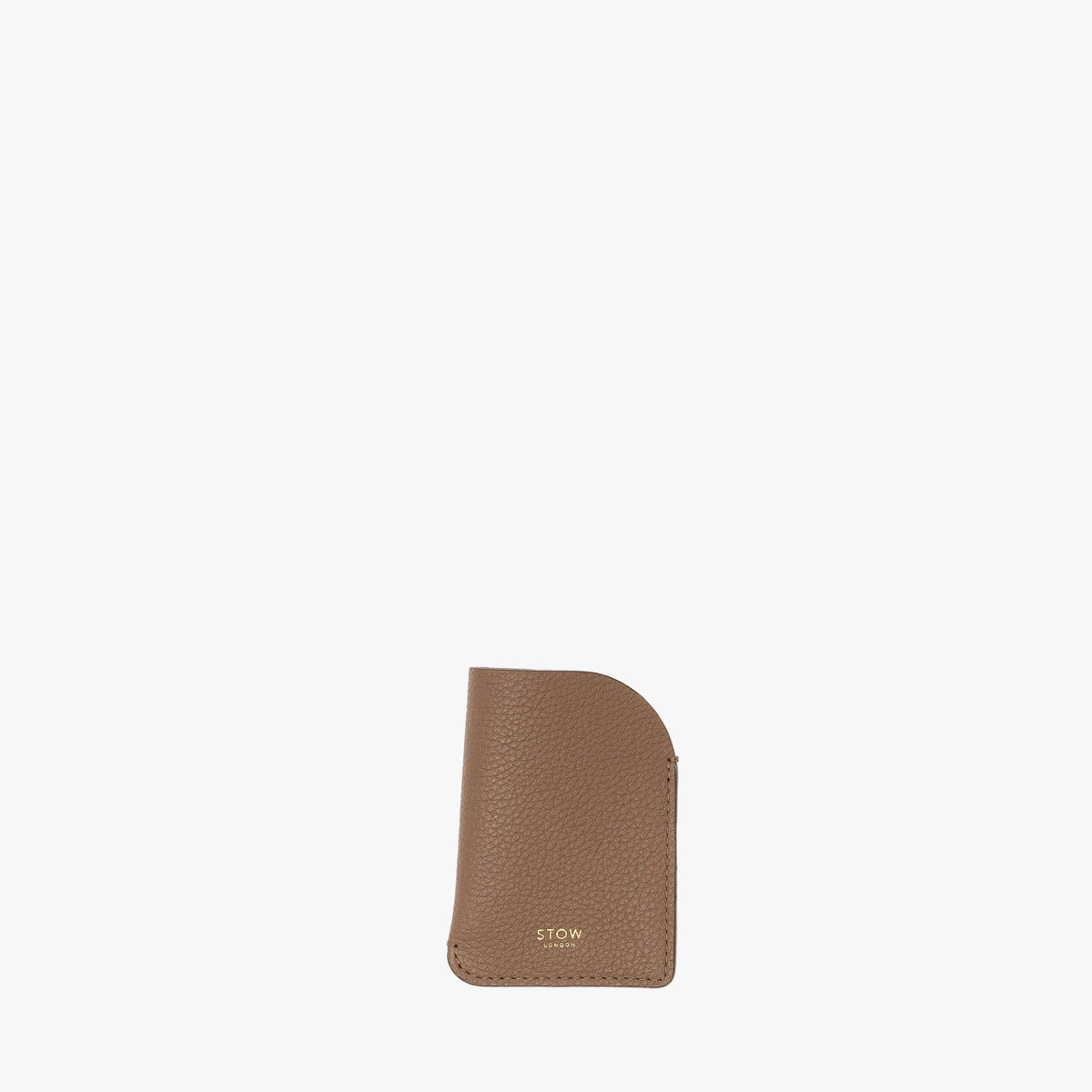 STOW London's Mini Cardholder in Mocha pebbled leather on a light grey background featuring a small gold embossed logo on the front bottom