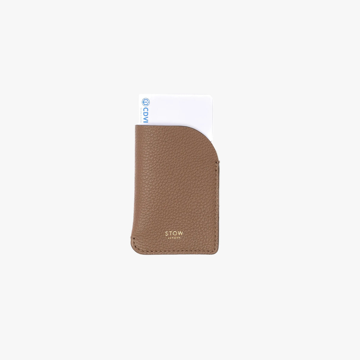 STOW London's Mini Cardholder in Mocha pebbled leather on a light grey background featuring a card sticking out the top and a small gold embossed logo on the front bottom