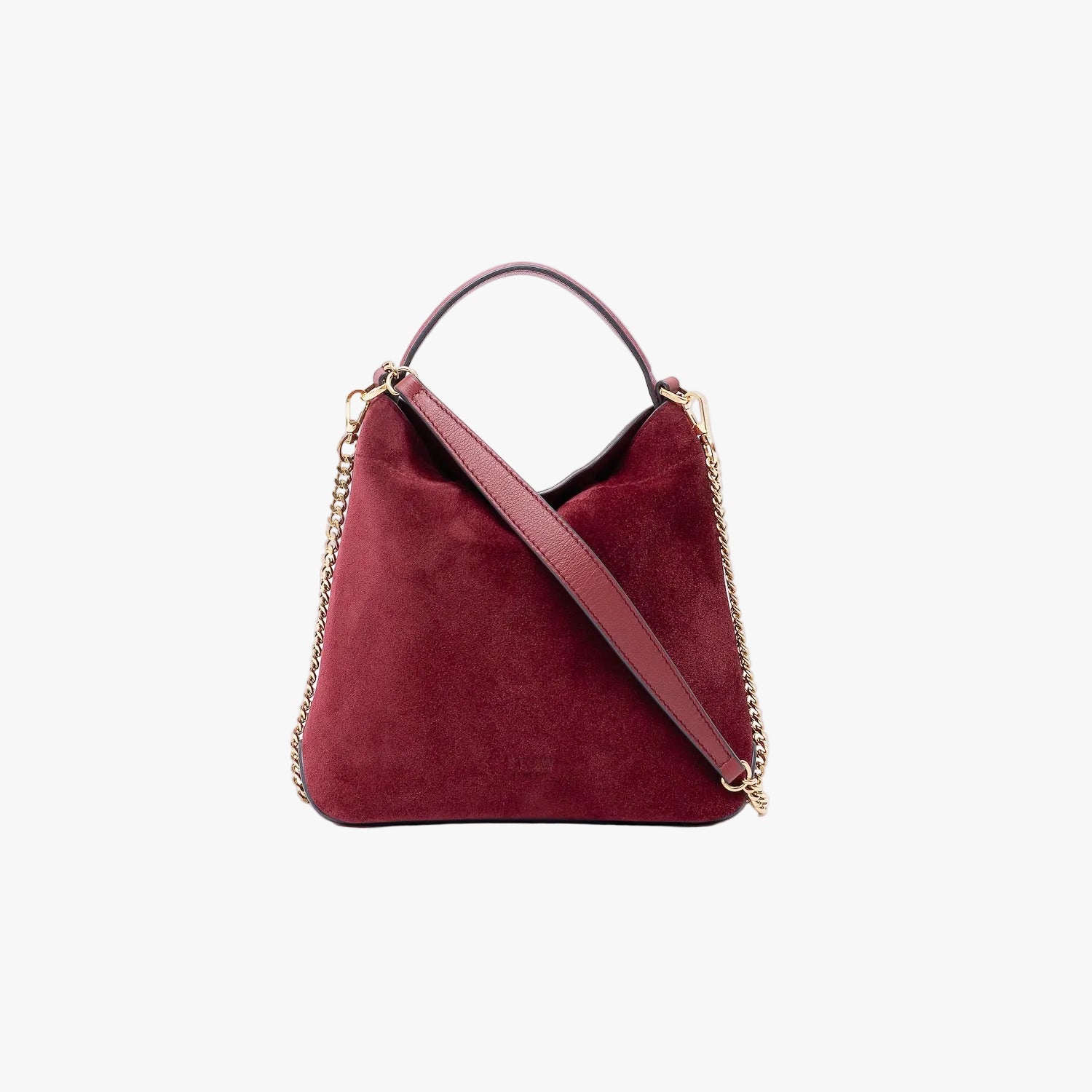 Stow London's Mini Curve in Burgundy suede leather and detachable gold chain crossbody strap styled as a flap bag on a light grey background