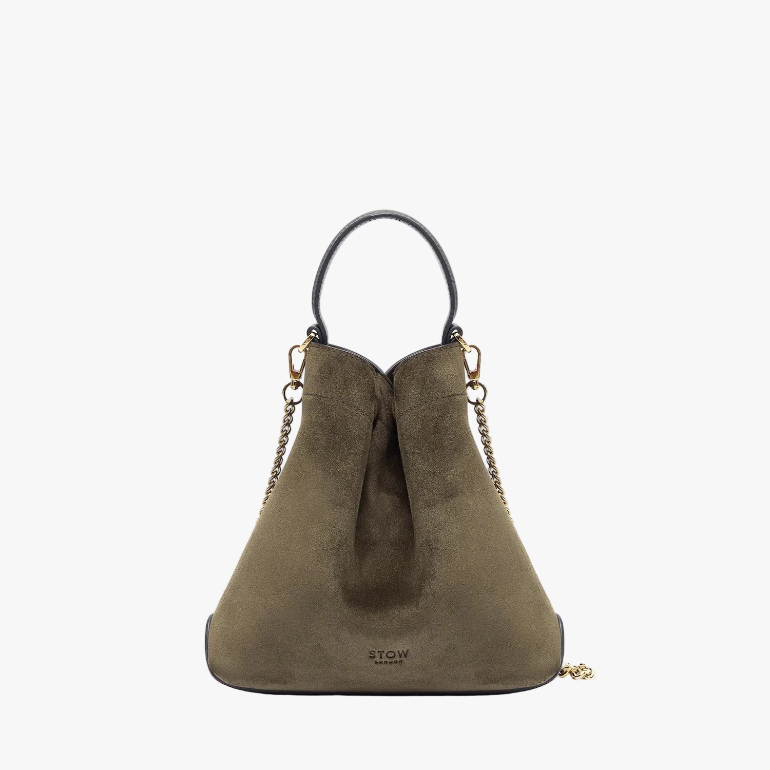 STOW London's Mini Curve in Dark Green suede leather featuring gold-coated stainless steel hardware on a light grey background
