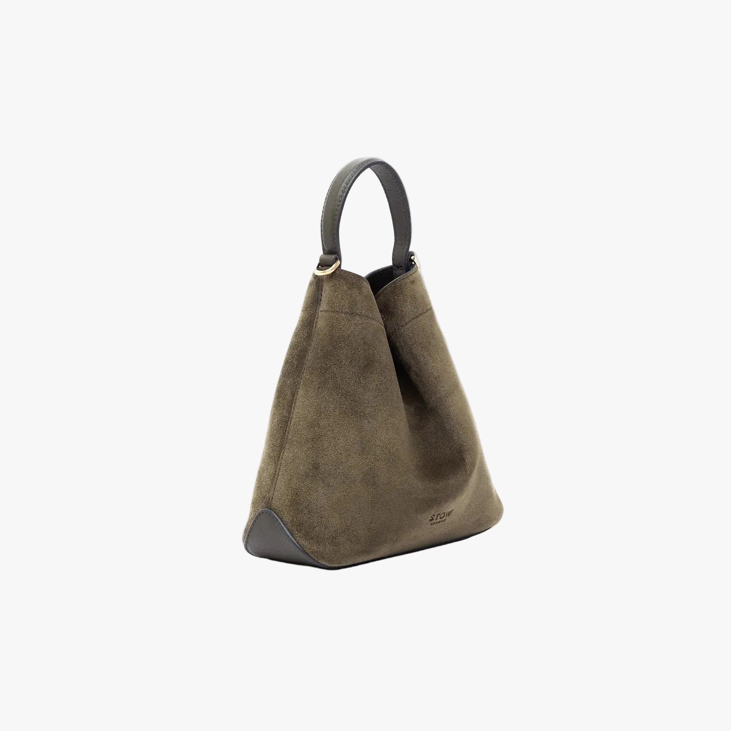 STOW London's Mini Curve in Dark Green suede leather featuring gold-coated stainless steel hardware on a light grey background