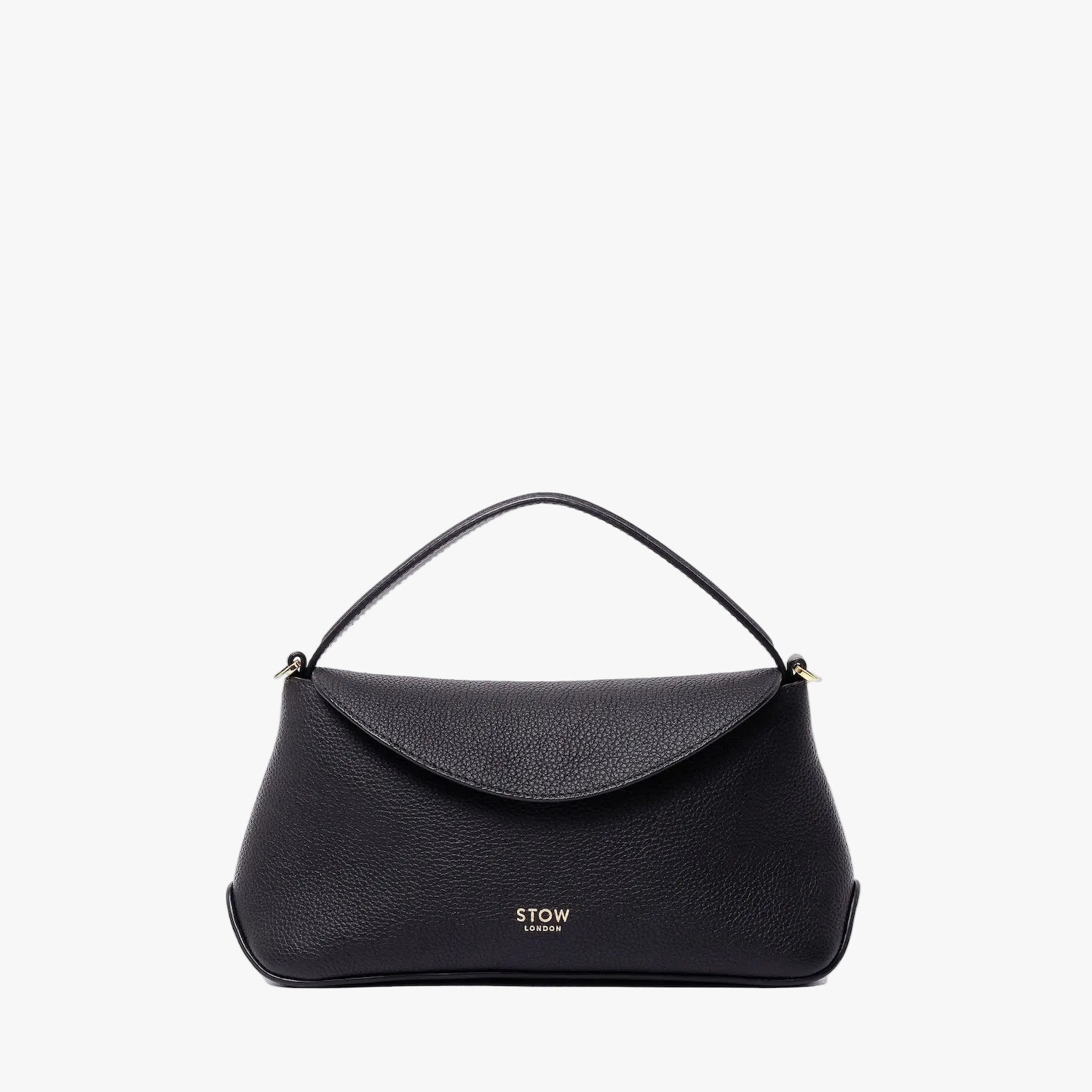 STOW London's Mini East West in Black pebbled leather featuring gold-coated stainless steel hardware on a light grey background