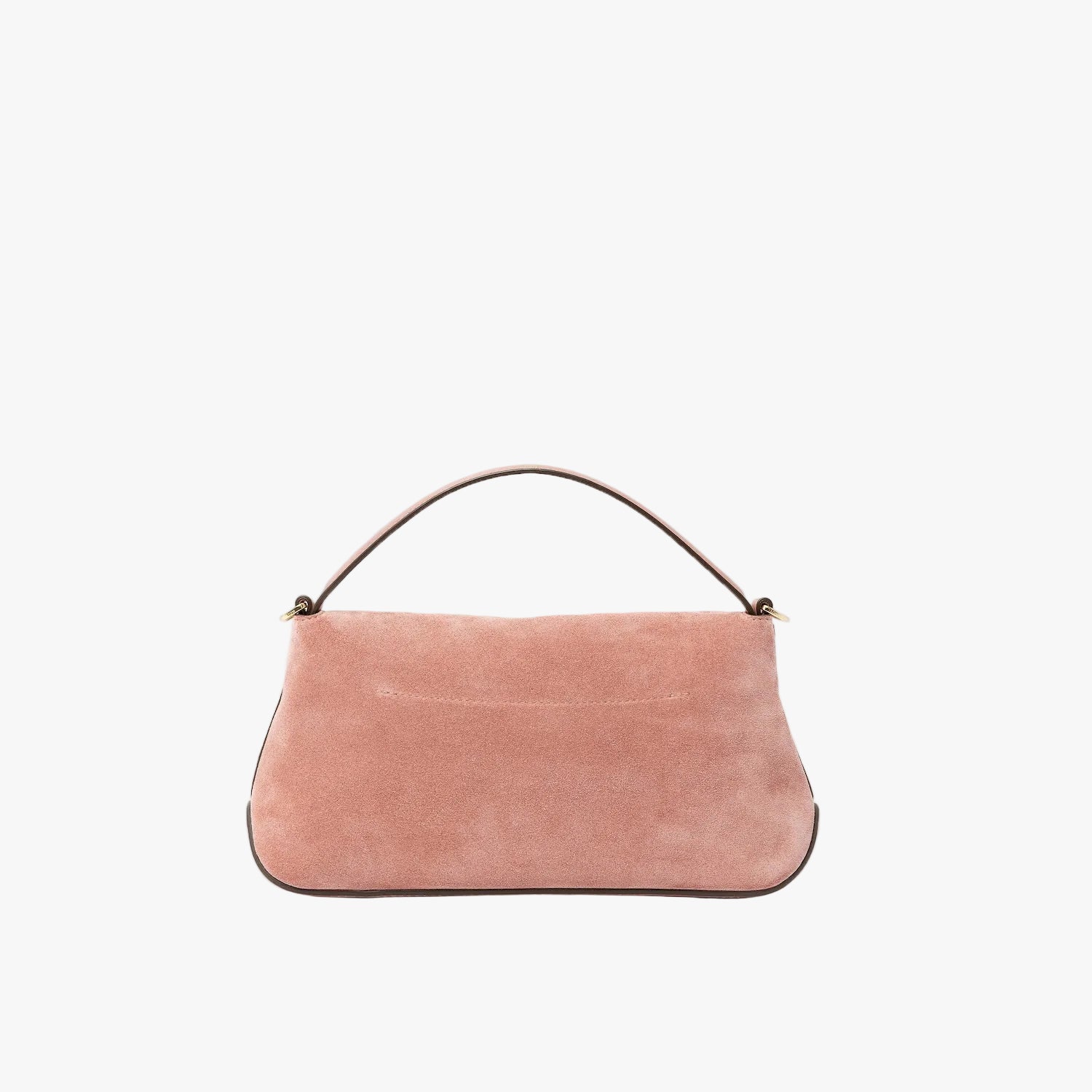 Back panel of STOW London's Mini East West in Hazy Blush suede leather featuring gold-coated stainless steel hardware on a light grey background