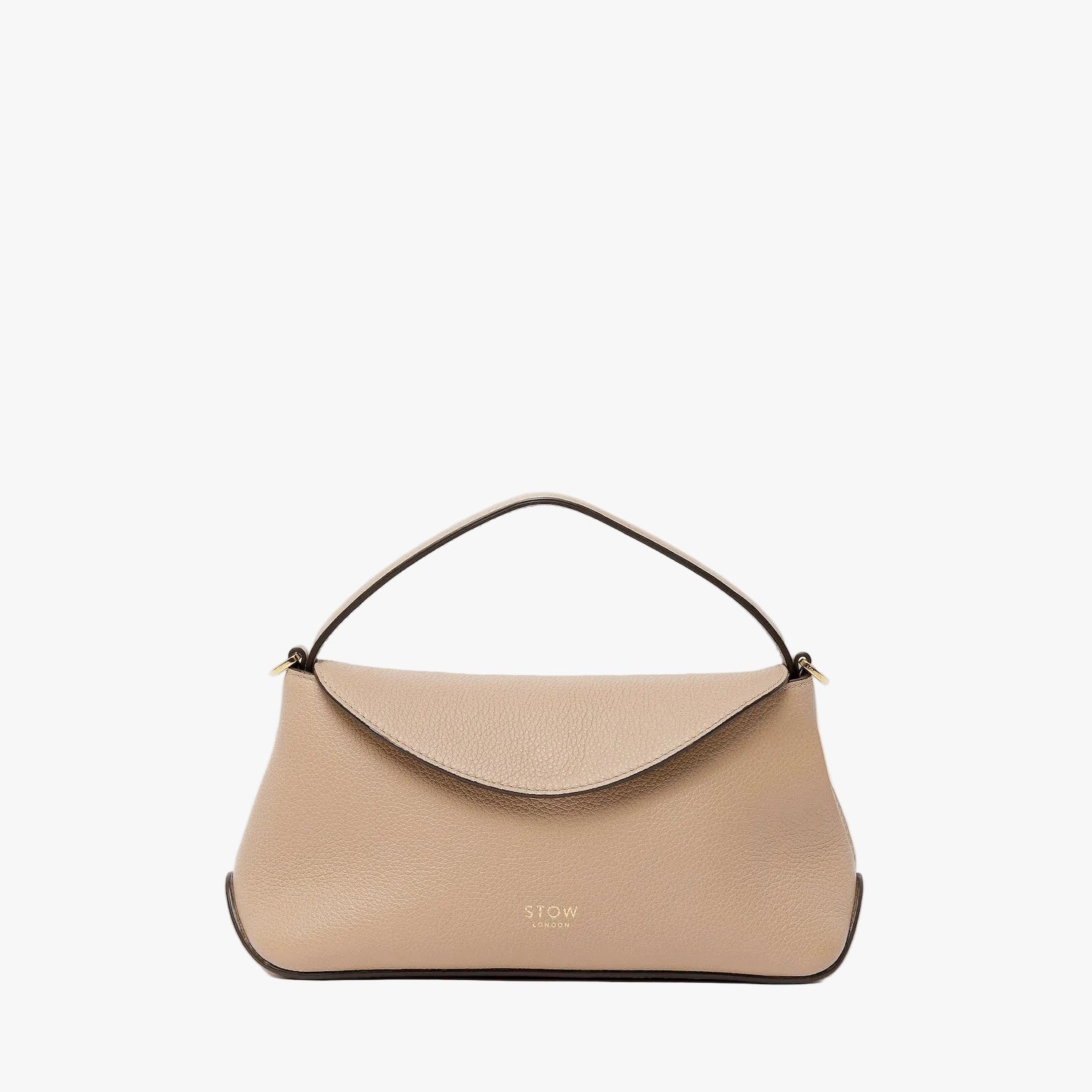 STOW London's Mini East West in Camel pebbled leather featuring gold-coated stainless steel hardware on a light grey background