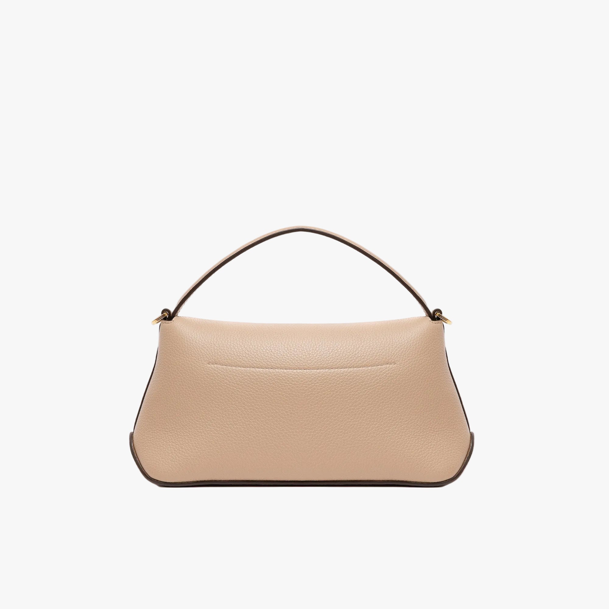 Off-axis view of STOW London's Mini East West in Camel pebbled leather and detachable crossbody strap featuring gold-coated stainless steel hardware on a light grey background