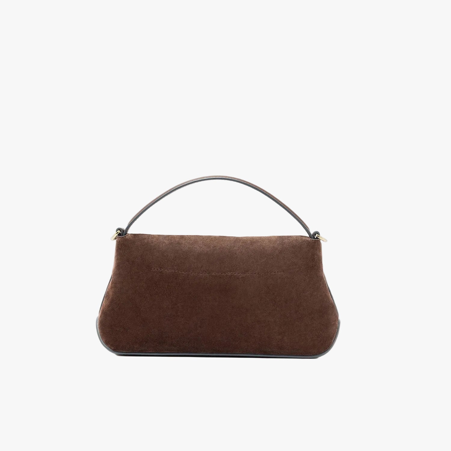 Back panel of STOW London's Mini East West in Chocolate suede leather featuring gold-coated stainless steel hardware on a light grey background