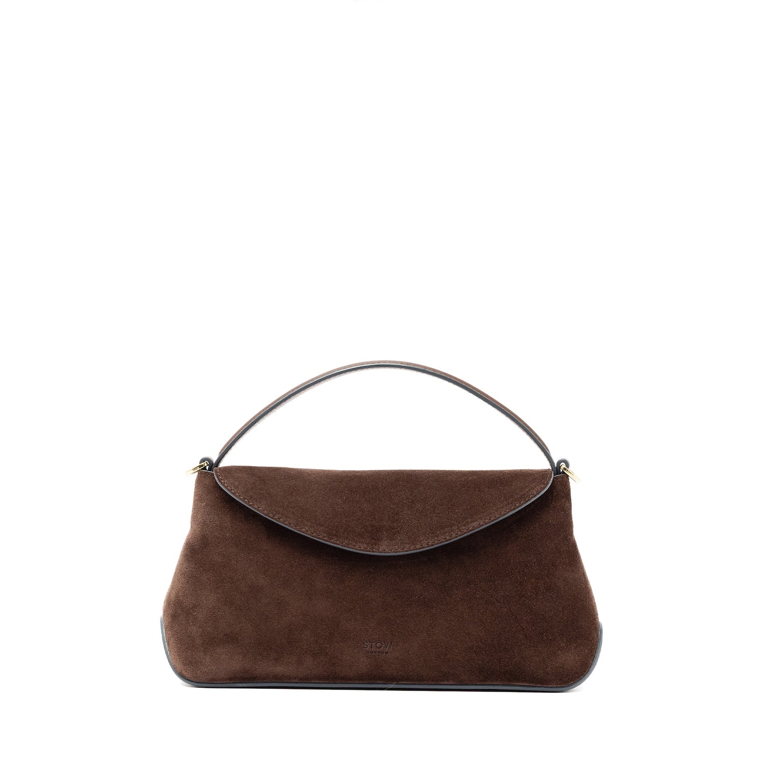 STOW London's Mini East West bag in Chocolate Suede leather featuring gold-coated stainless steel hardware on a white background