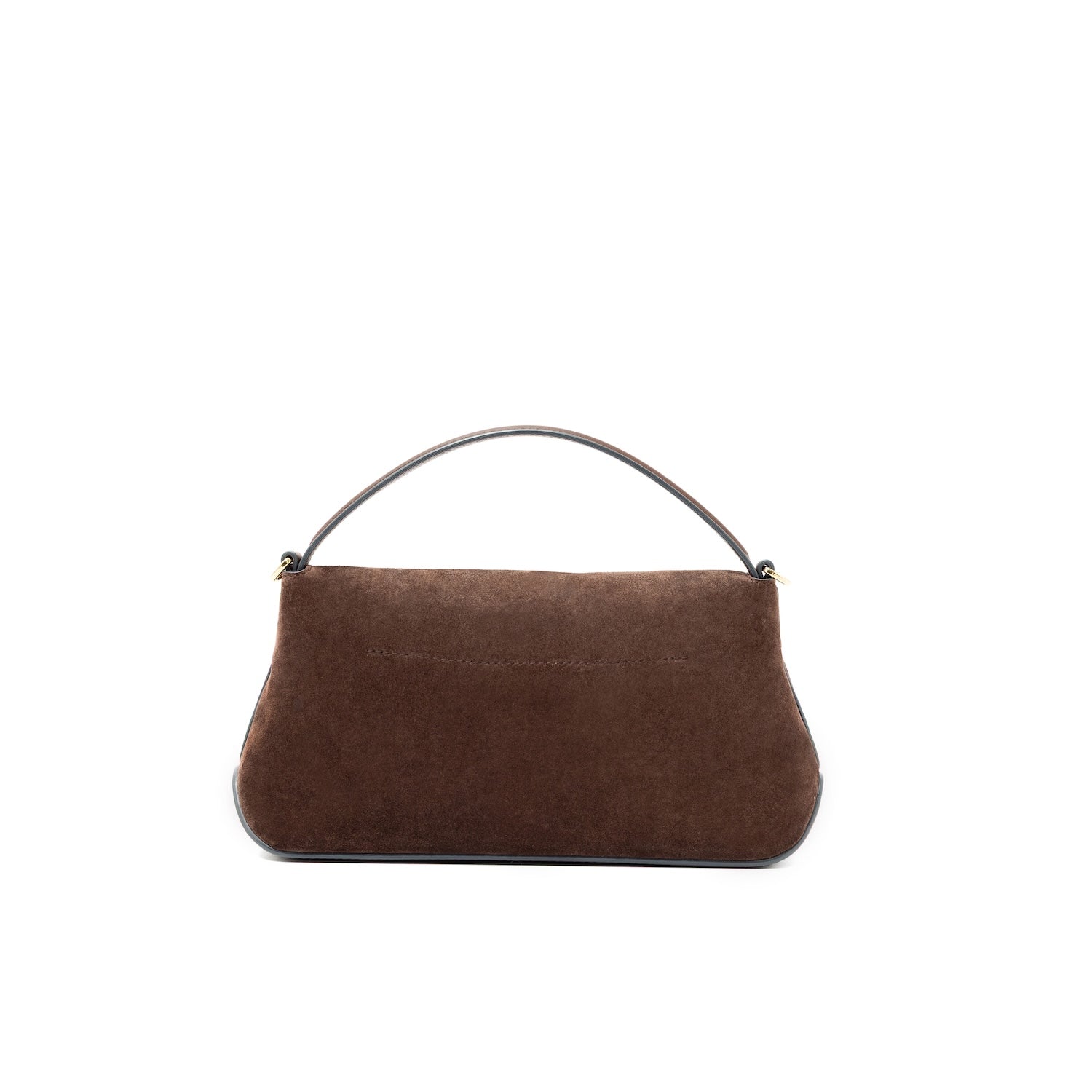 Back view of STOW London's Mini East West bag in Chocolate Suede leather featuring gold-coated stainless steel hardware on a white background