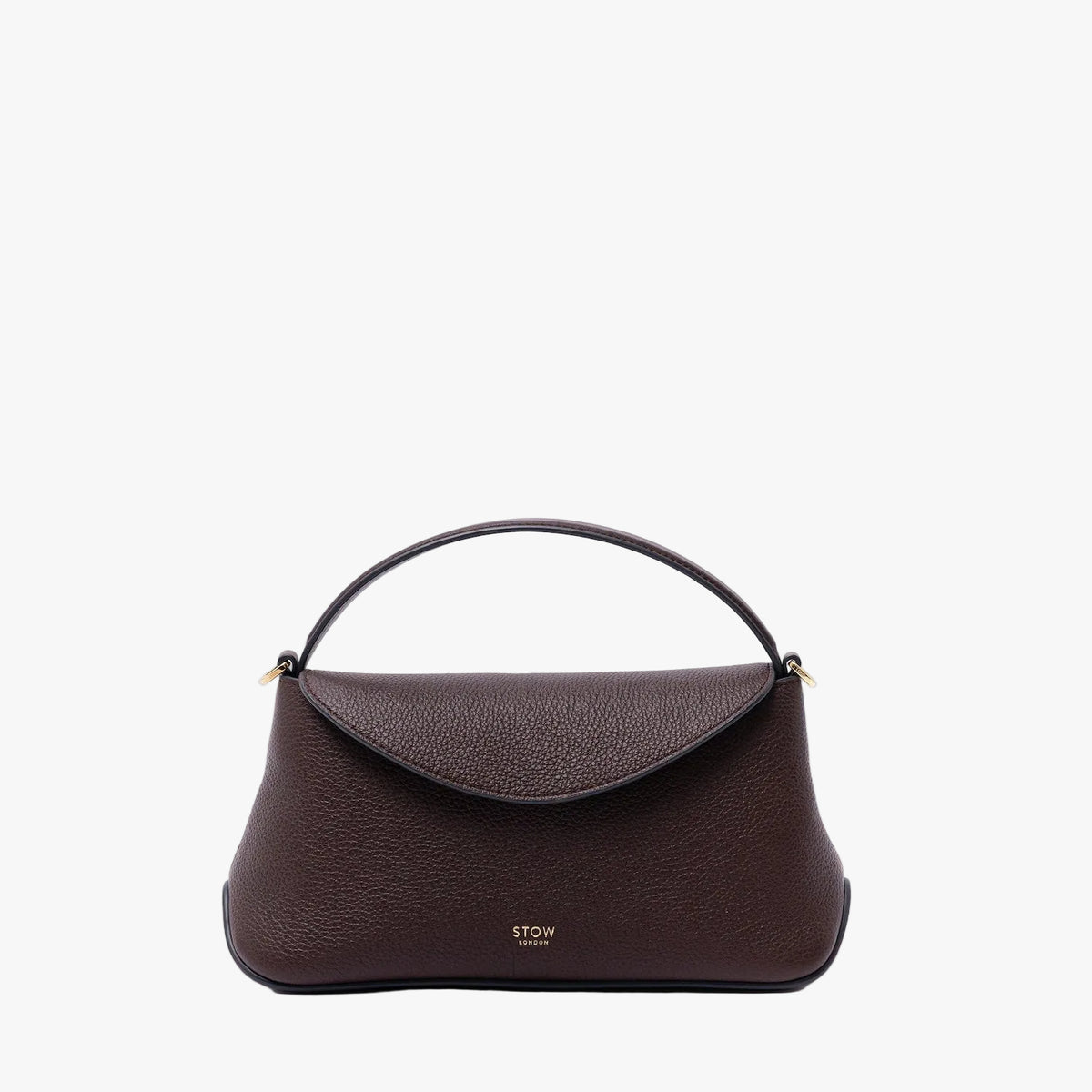 STOW London's Mini East West in Espresso pebbled leather on a light grey background featuring gold-coated stainless steel hardware