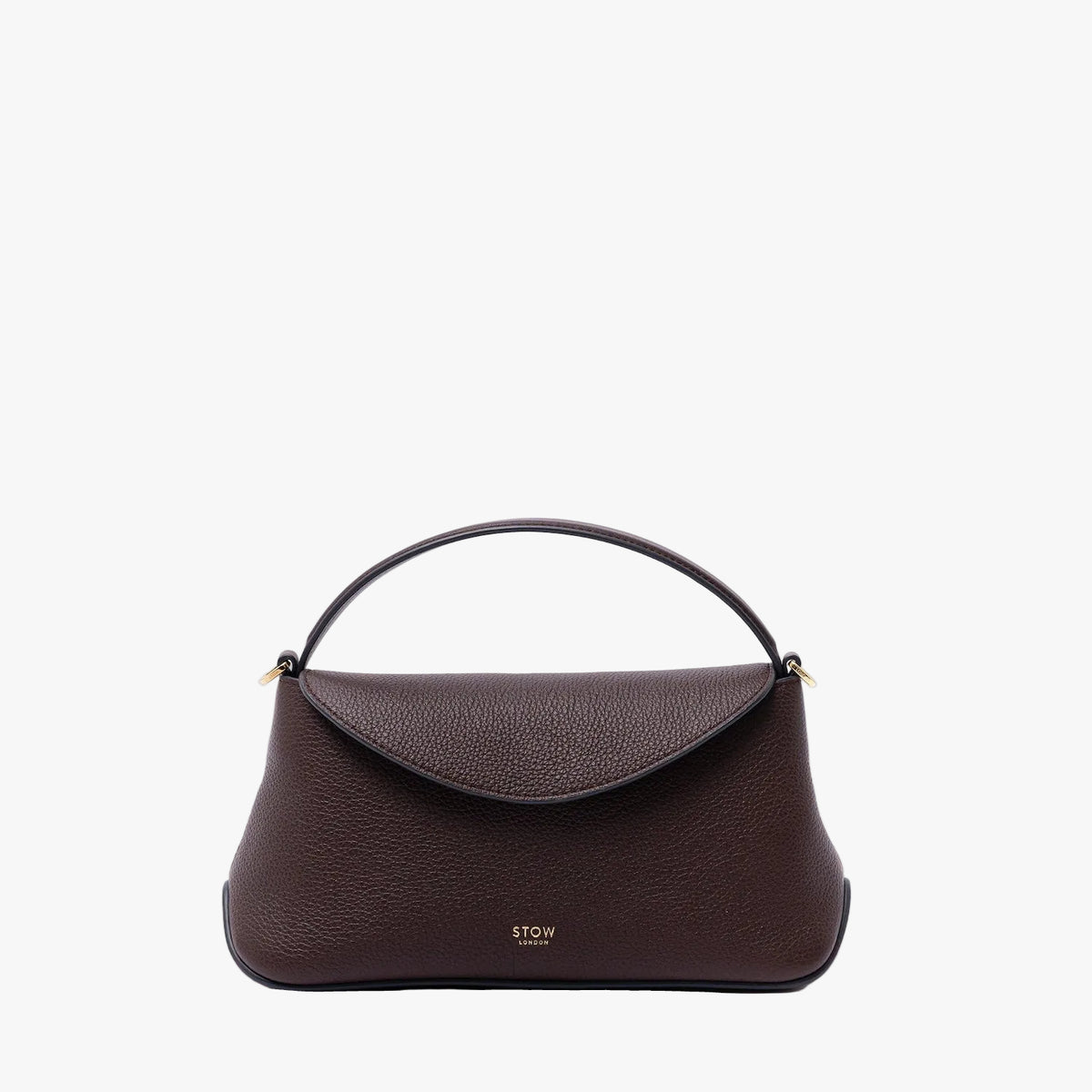 STOW London's Mini East West in Espresso pebbled leather on a light grey background featuring gold-coated stainless steel hardware