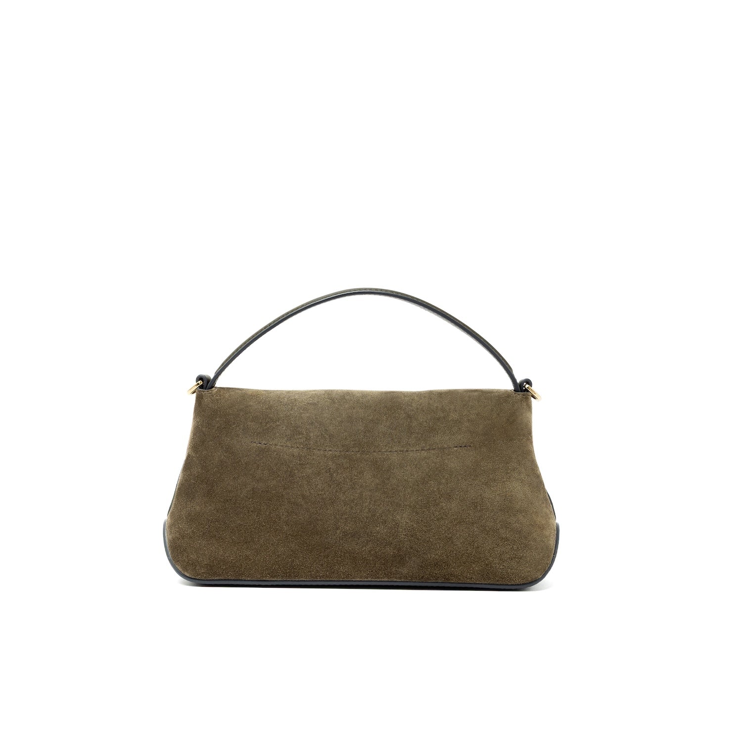 Back view of STOW London's Mini East West bag in Dark Green Suede leather featuring gold-coated stainless steel hardware on a white background