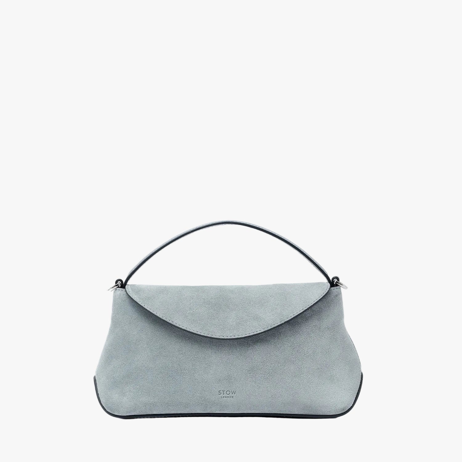 STOW London's Mini East West in Misty Blue suede leather featuring silver stainless steel hardware on a light grey background