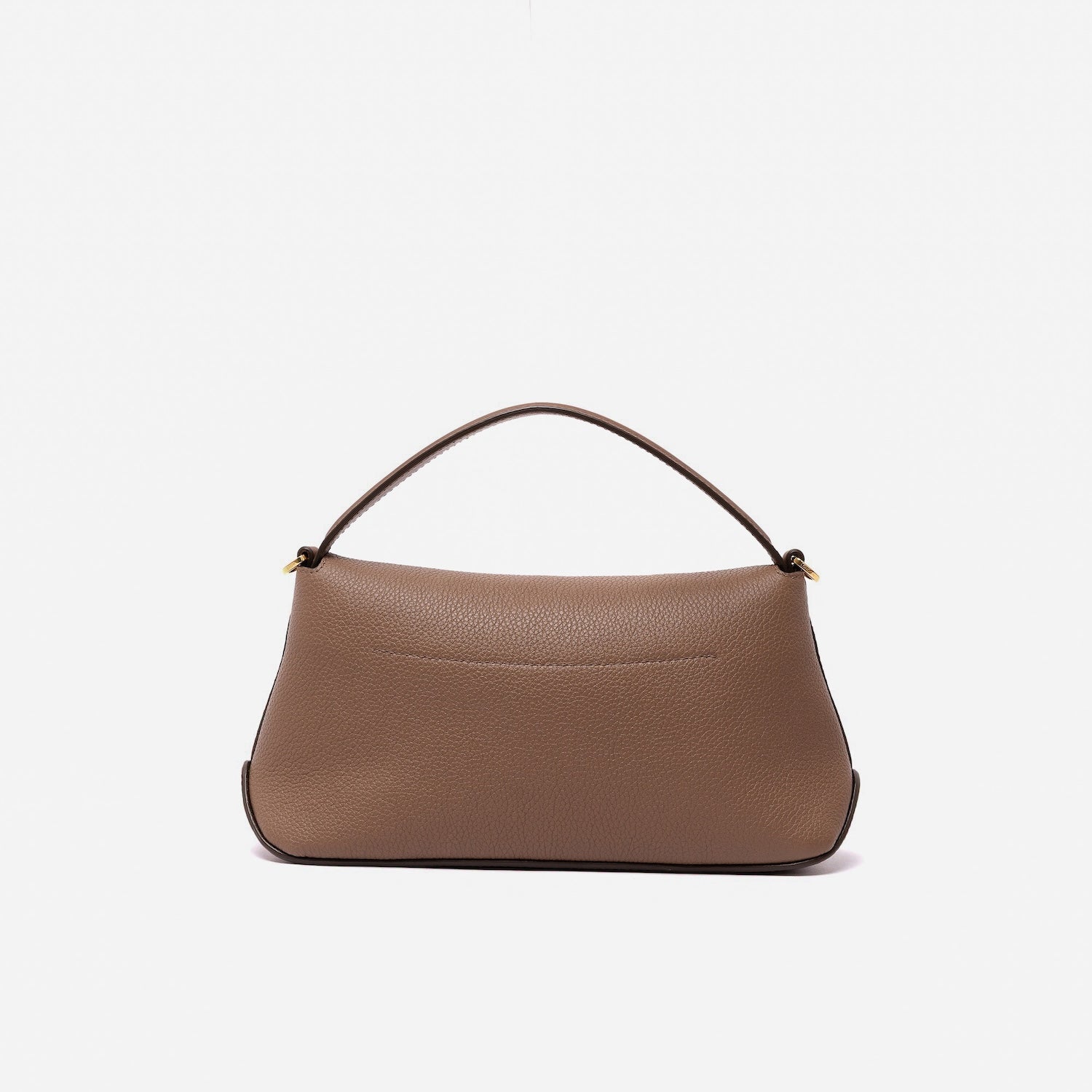 Back panel of STOW London's Mini East West in Mocha pebbled leather featuring gold-coated stainless steel hardware on a light grey background