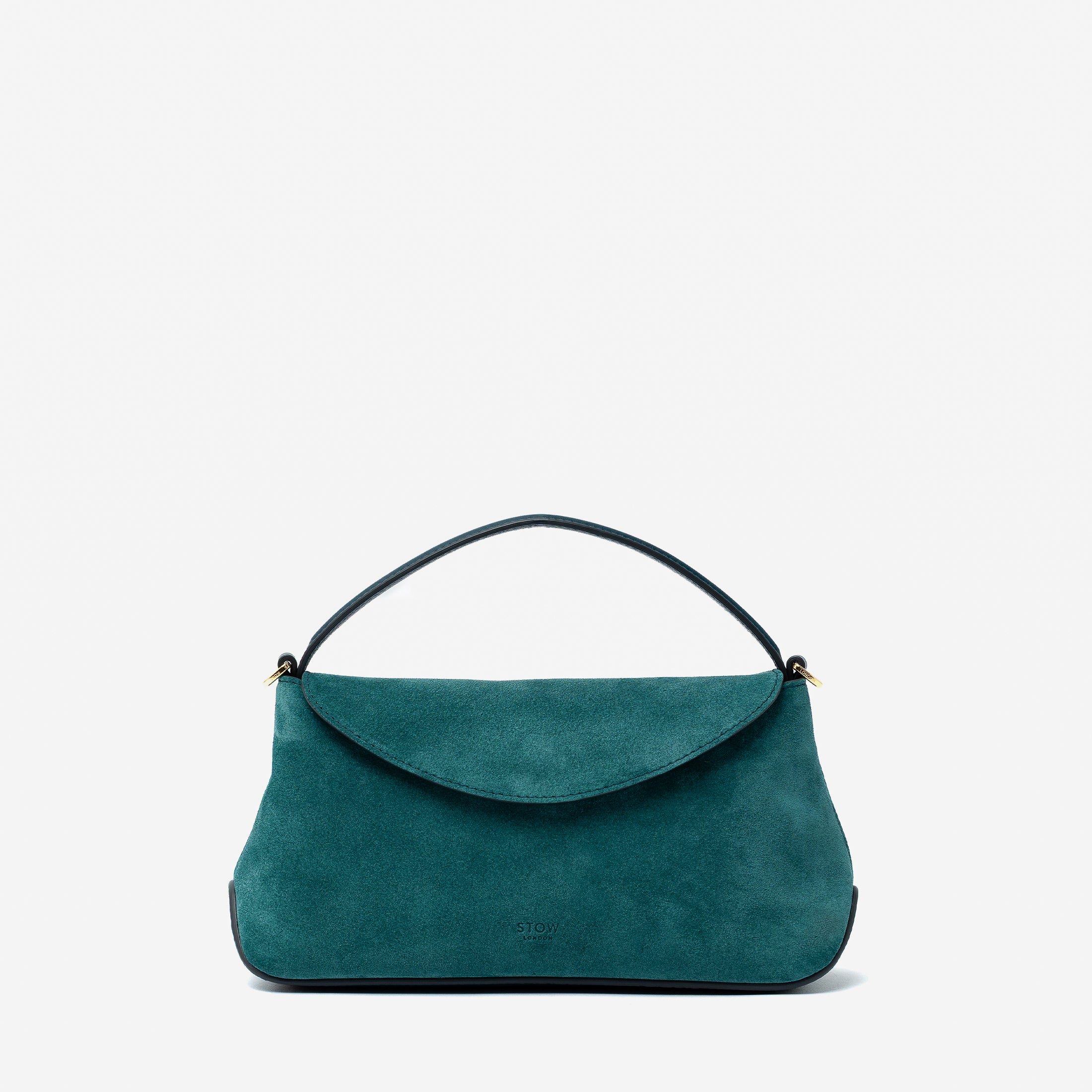 STOW London's Mini East West in Ocean Teal suede leather featuring gold-coated stainless steel hardware on a light grey background