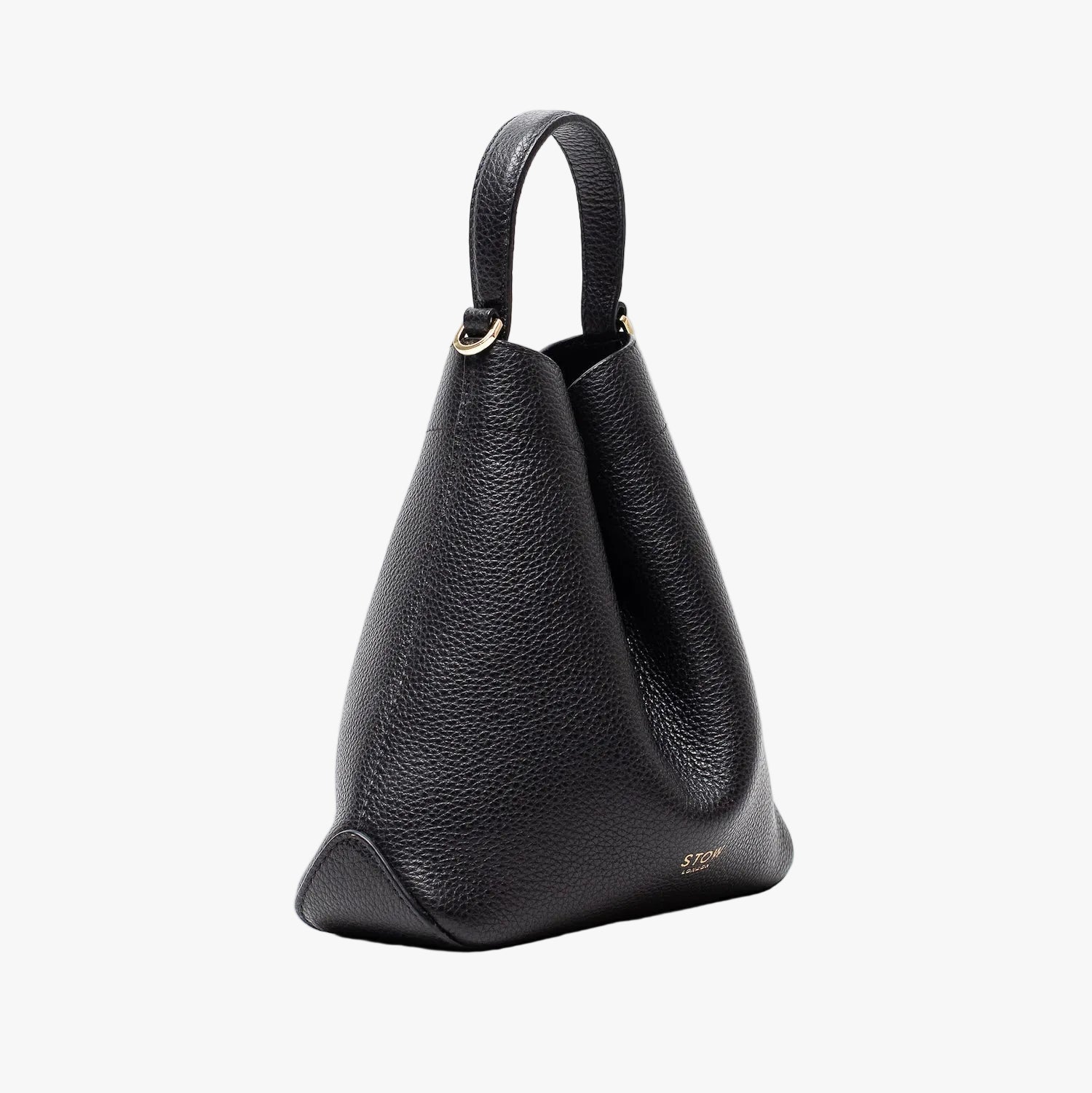 Off-axis view of STOW London's Mini Curve in Black pebbled leather featuring gold details on a light grey background