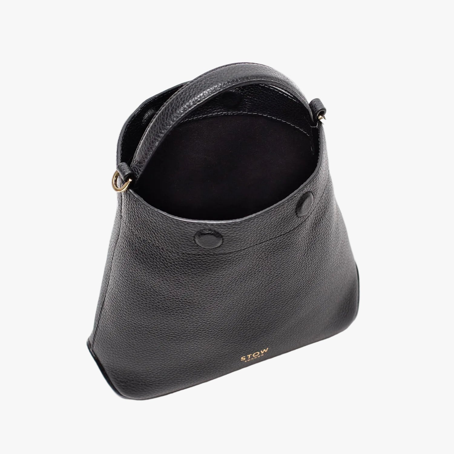 STOW London's Mini Curve in Black pebbled leather with magnets open showing black suede interior lining on a light grey background