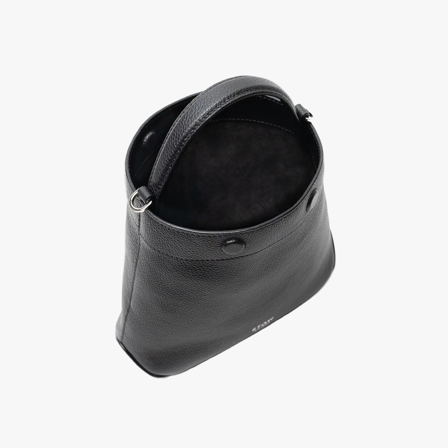 Stow London's Mini Curve in Black pebbled leather with magnets open showing black suede interior lining on a light grey background