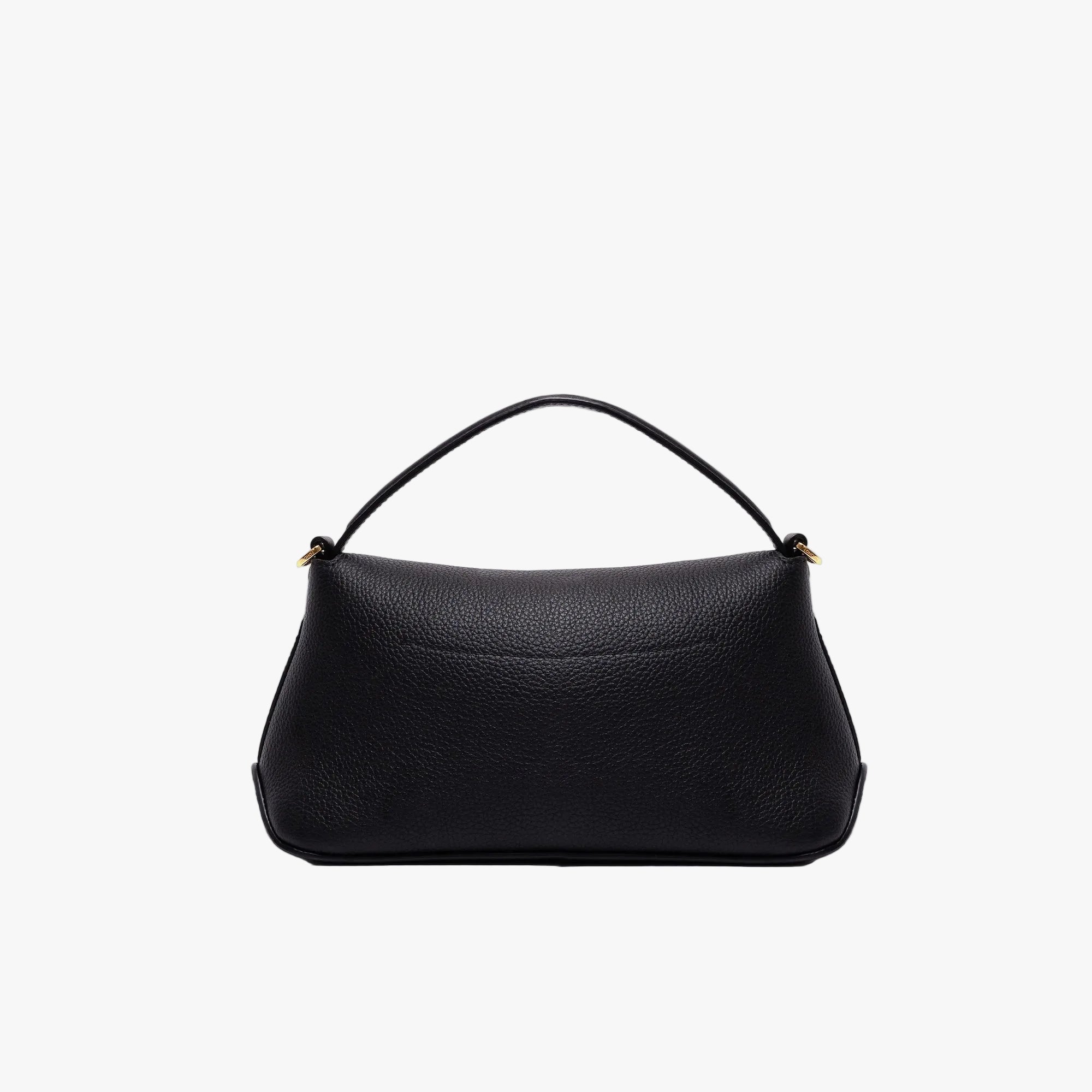 Back panel of STOW London's Mini East West in Black pebbled leather featuring gold-coated stainless steel hardware on a light grey background