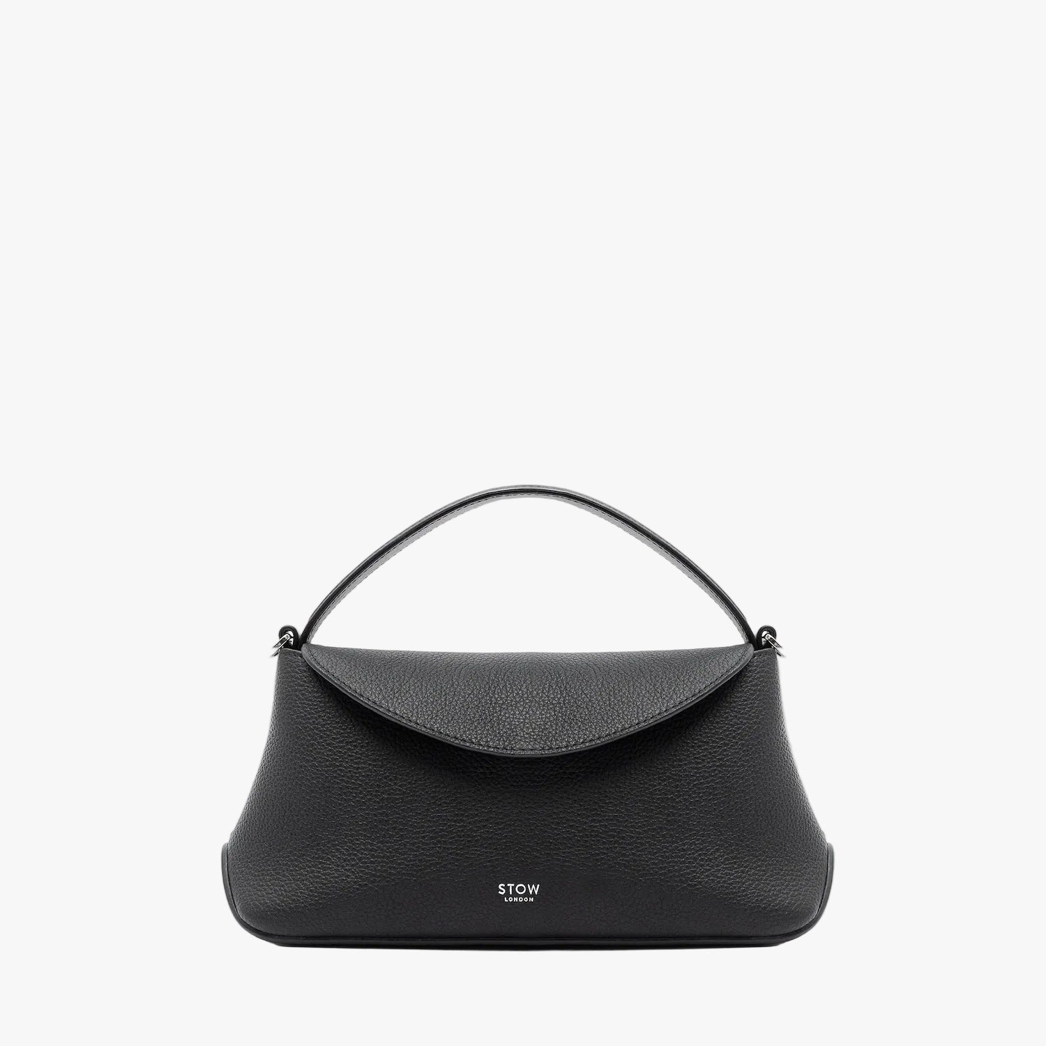STOW London's Mini East West in Black pebbled leather featuring silver stainless steel hardware on a light grey background
