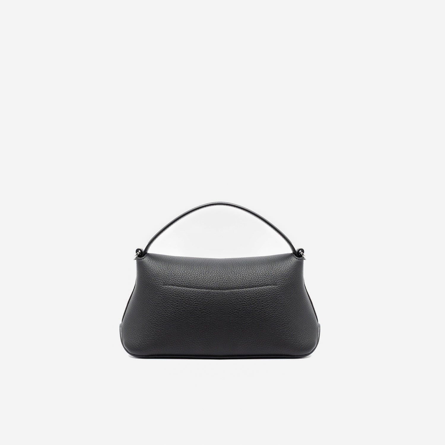 Back panel of STOW London's Mini East West in Black pebbled leather featuring silver stainless steel hardware on a light grey background