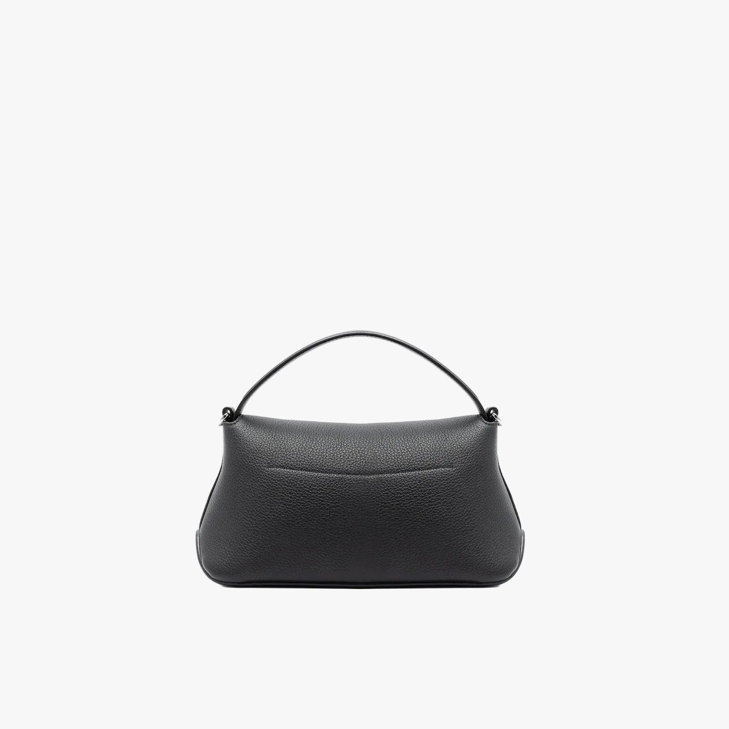 Back panel of STOW London's Mini East West in Black pebbled leather featuring silver stainless steel hardware on a light grey background