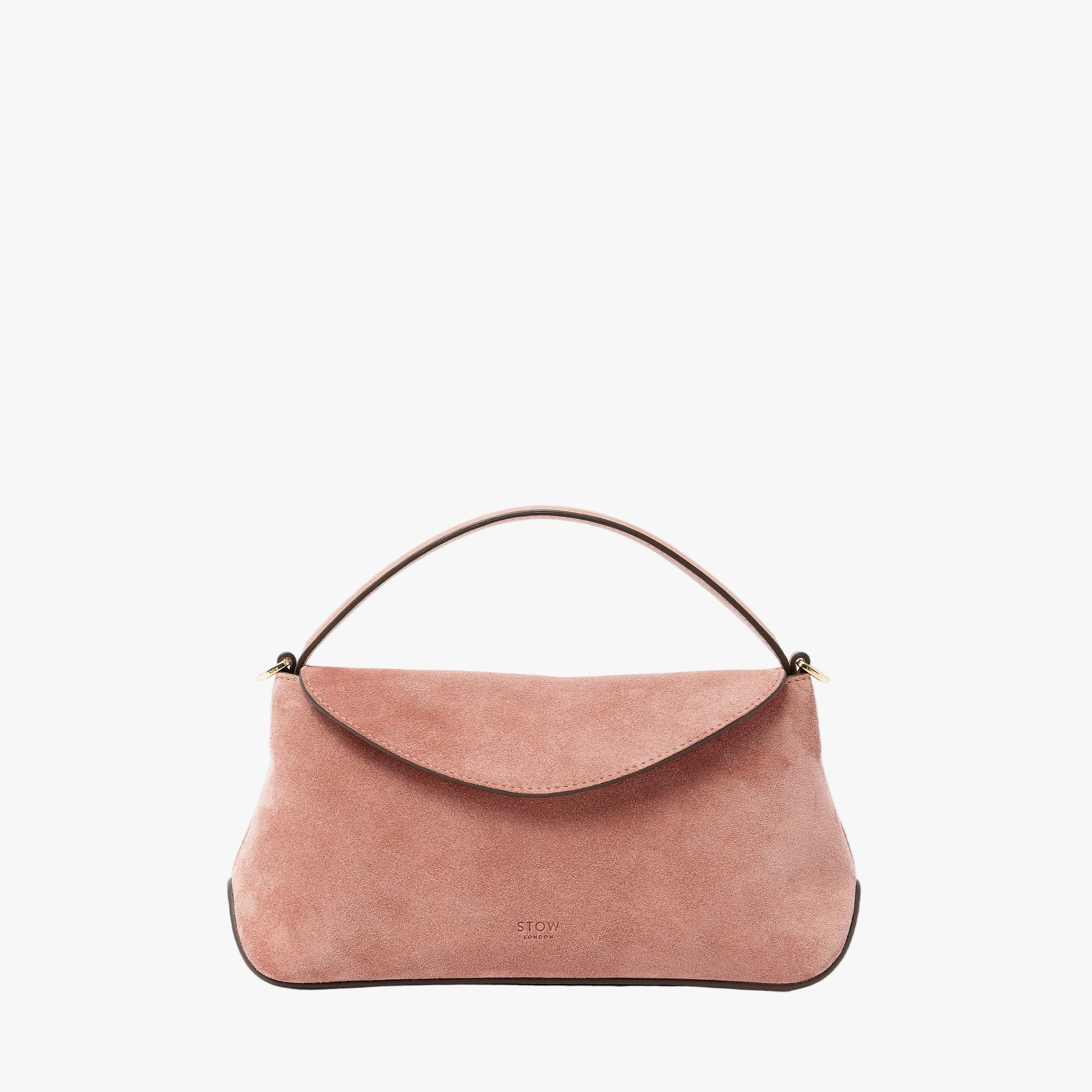 STOW London's Mini East West in Hazy Blush suede leather featuring gold-coated stainless steel hardware on a light grey background