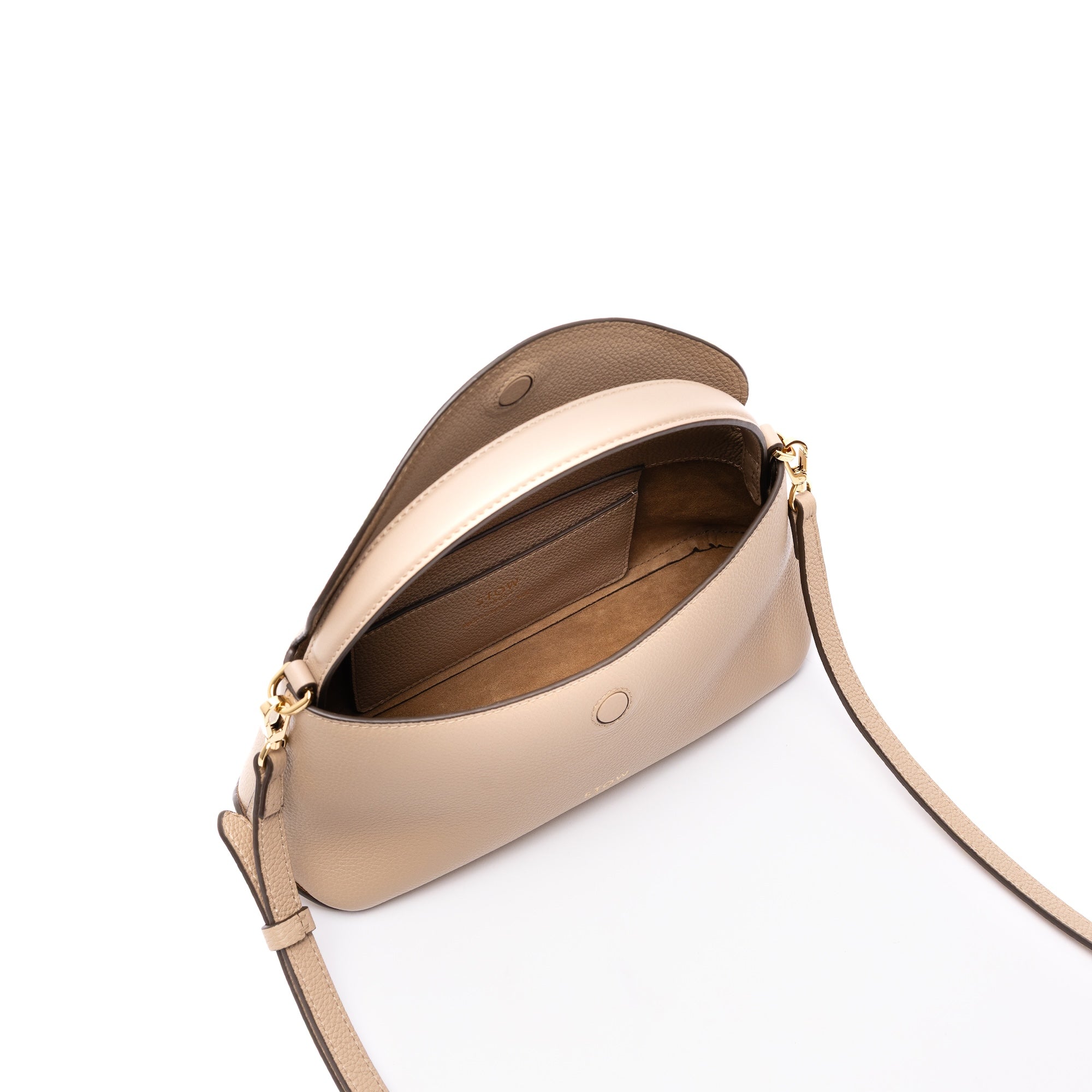 STOW London's Mini East West in Camel leather with flap open showing interior suede lining and card holder pocket, featuring gold-coated stainless steel hardware on a white background