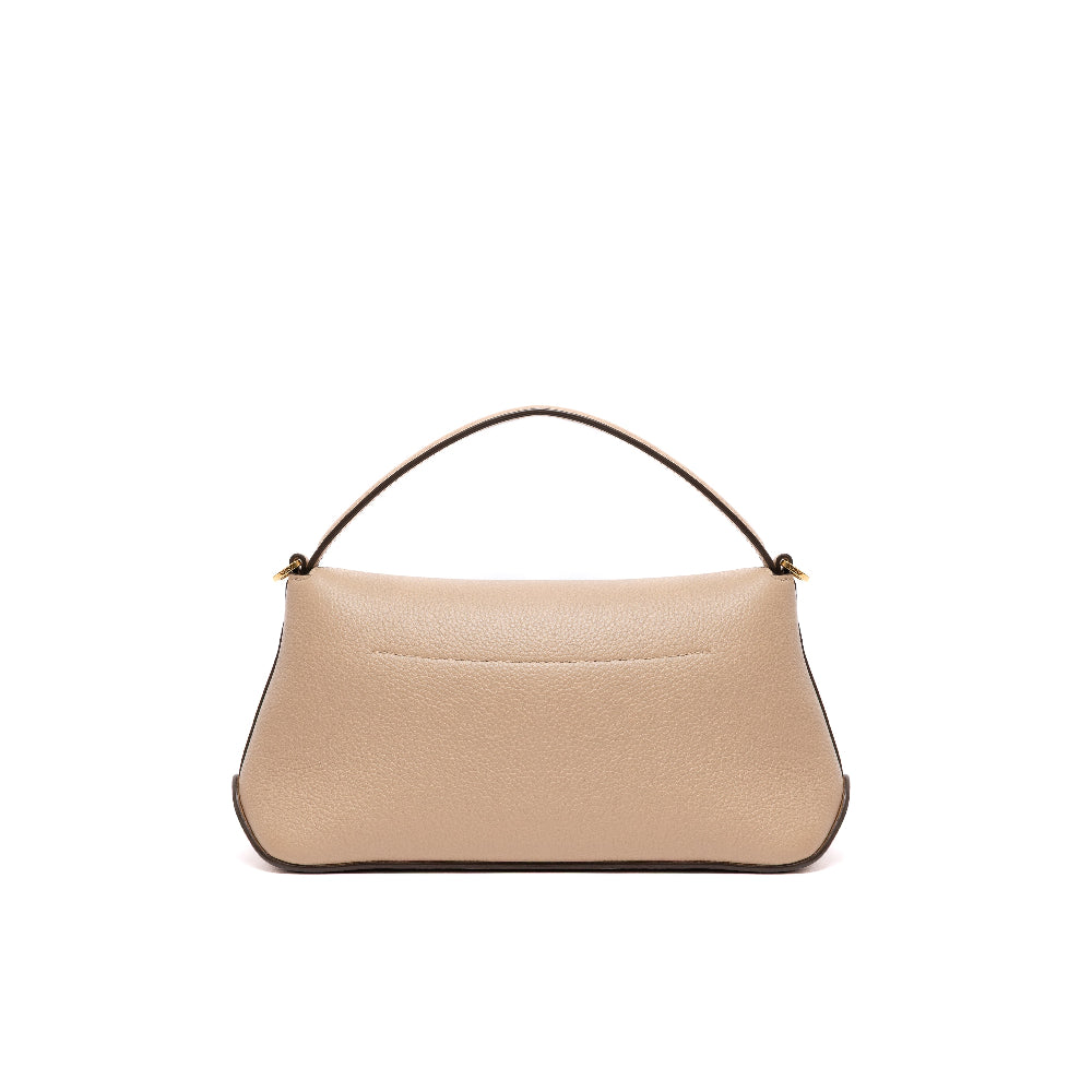 Back view of STOW London's Mini East West in Camel pebbled and smooth leather on a white background