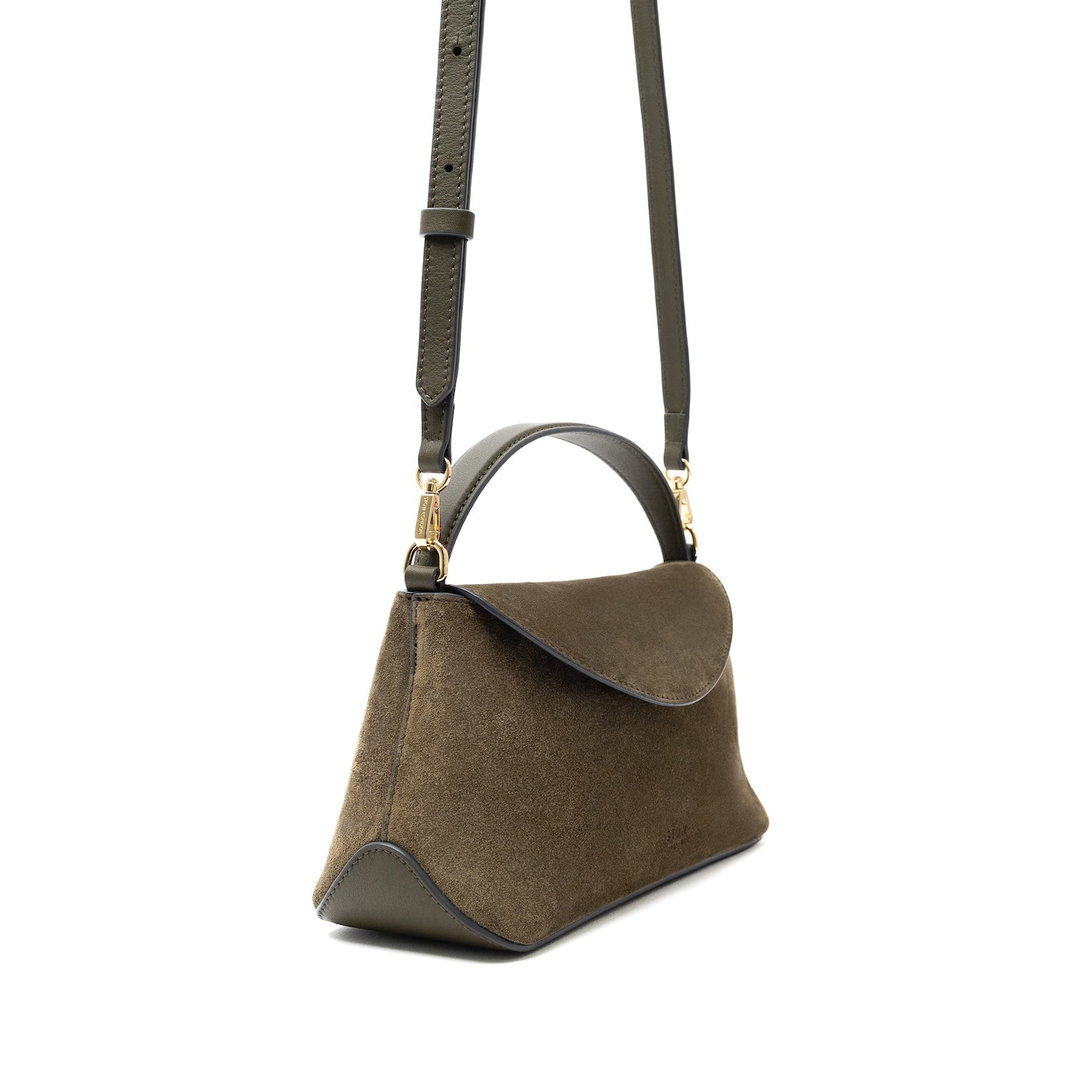 Side view of STOW London's Mini East West bag and detachable, adjustable crossbody strap in Dark Green Suede leather featuring gold-coated stainless steel hardware on a white background