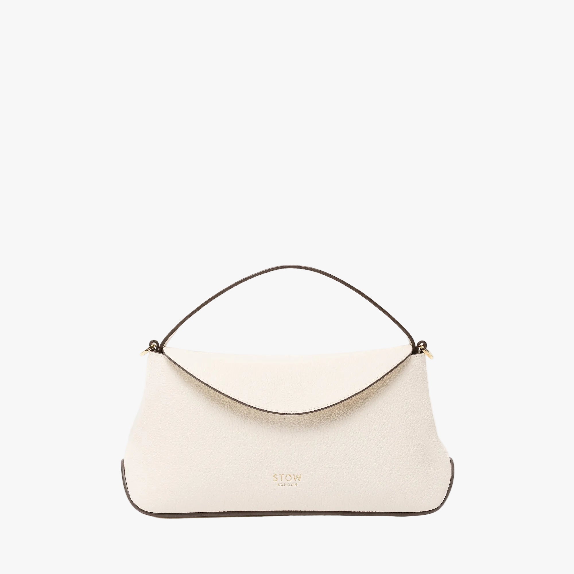 STOW London's Mini East West in Spring Moon pebbled leather featuring gold-coated stainless steel hardware on a light grey background